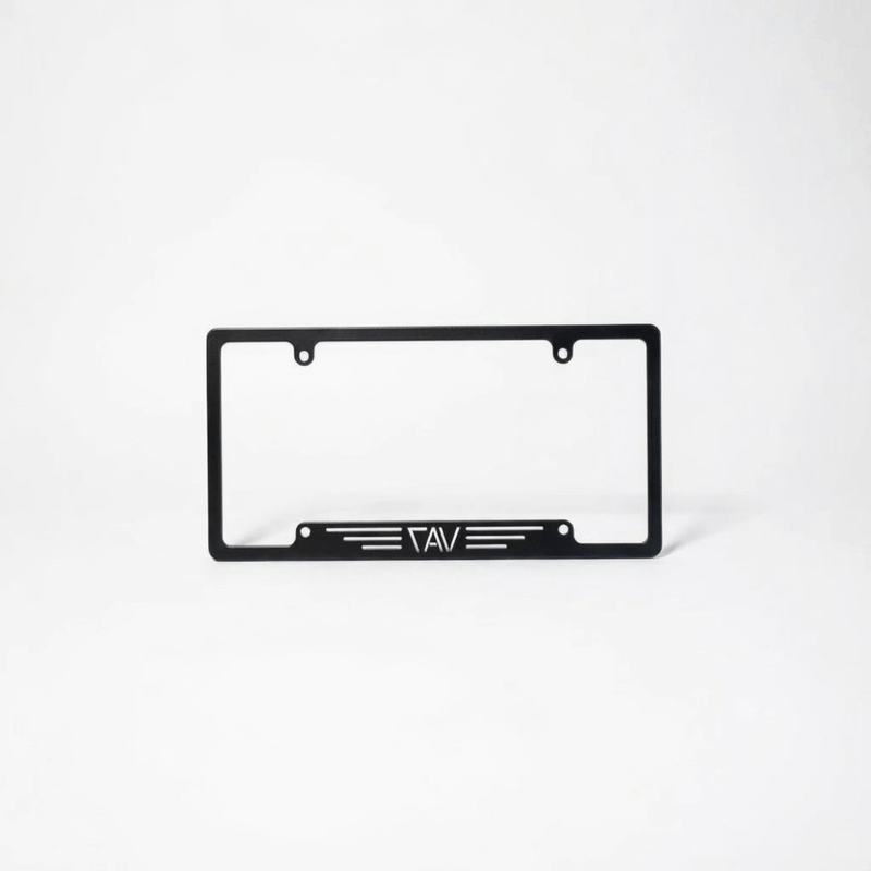 Canyon Adventure Vans CAV license plate holder made in Utah, durable metal mount for vehicle license plates.