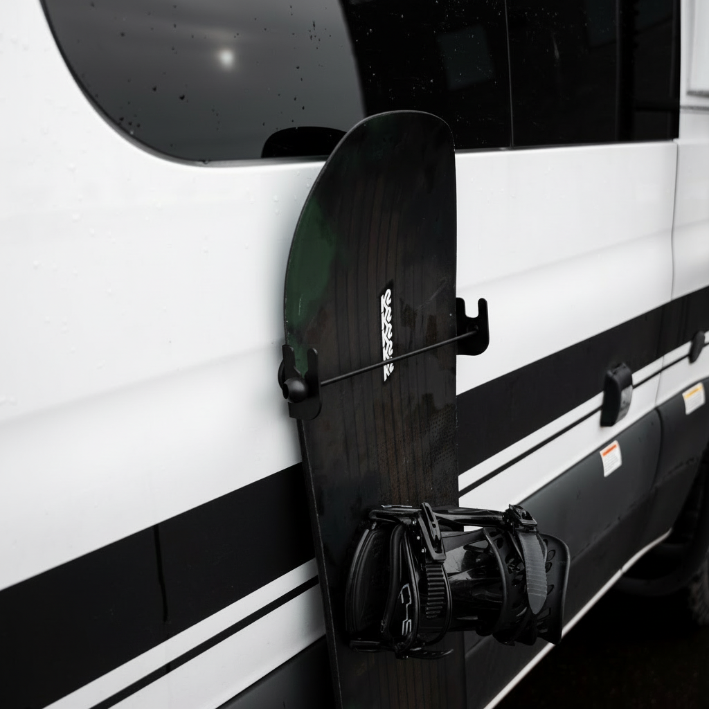 Canyon Adventure Vans magnetic ski and snowboard holder made in Utah, mounted on a vehicle roof rack with skis and snowboard.