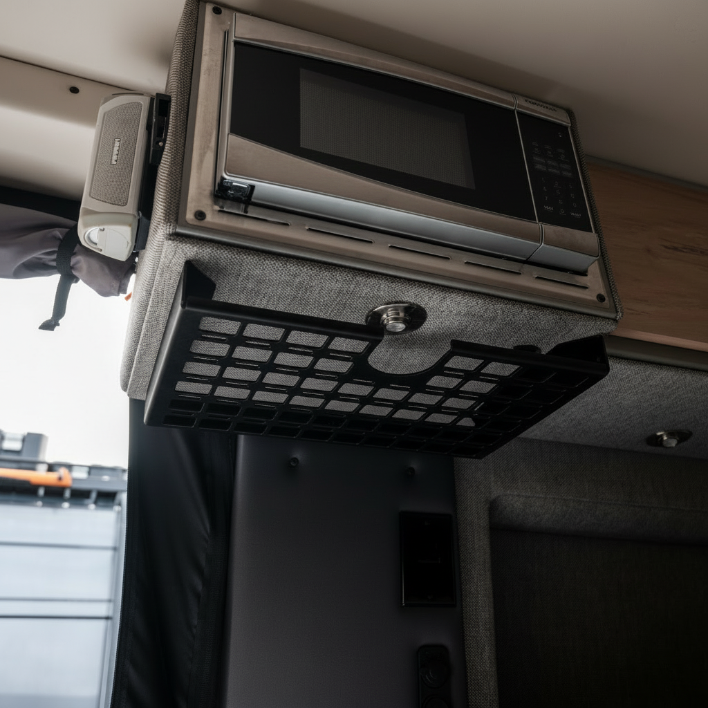 Passenger side Storyteller Undercabinet Shelf by Canyon Adventure Vans, made in Utah, shown mounted inside a vehicle cabin.