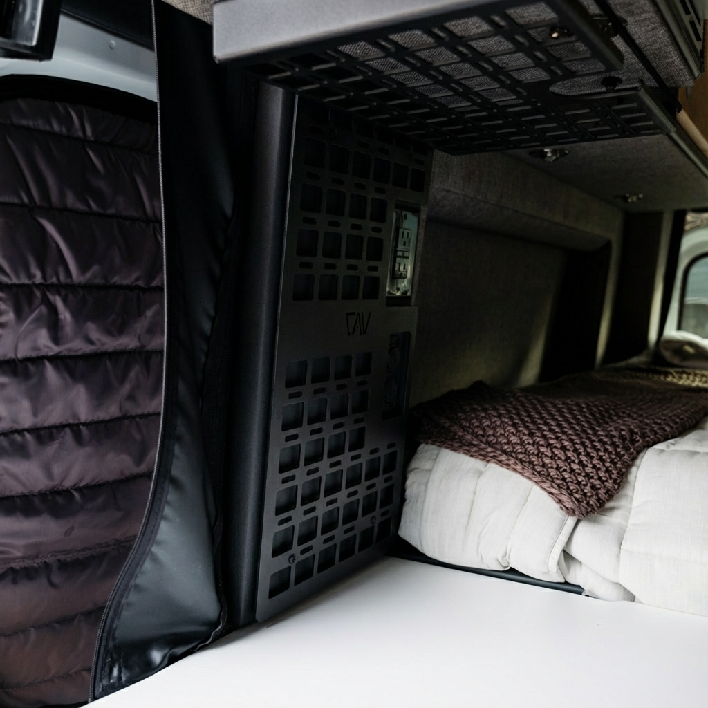 Storyteller Galley MOLLE Panel by Canyon Adventure Vans, made in Utah, shown with multiple attachment points on a rugged panel.
