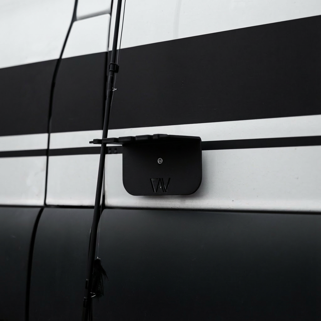 Magnetic fly rod holder by Canyon Adventure Vans, made in Utah, showcasing a sleek black holder attached to a vehicle or gear.