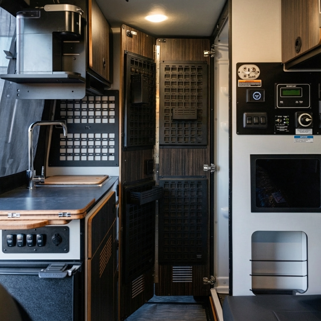 Canyon Adventure Vans Canyon Universal MOLLE Panel made in Utah, black tactical gear for vehicle or gear organization, mounted on a surface.