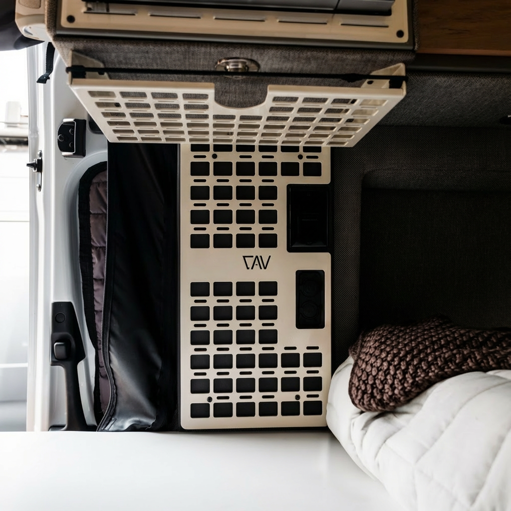 Canyon Adventure Vans Storyteller Galley MOLLE Panel made in Utah, featuring durable webbing and attachment points for gear organization.