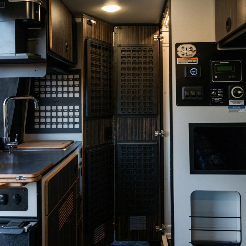 Canyon Adventure Vans Universal MOLLE Panel made in Utah, mounted on a vehicle interior, featuring multiple attachment points for gear.