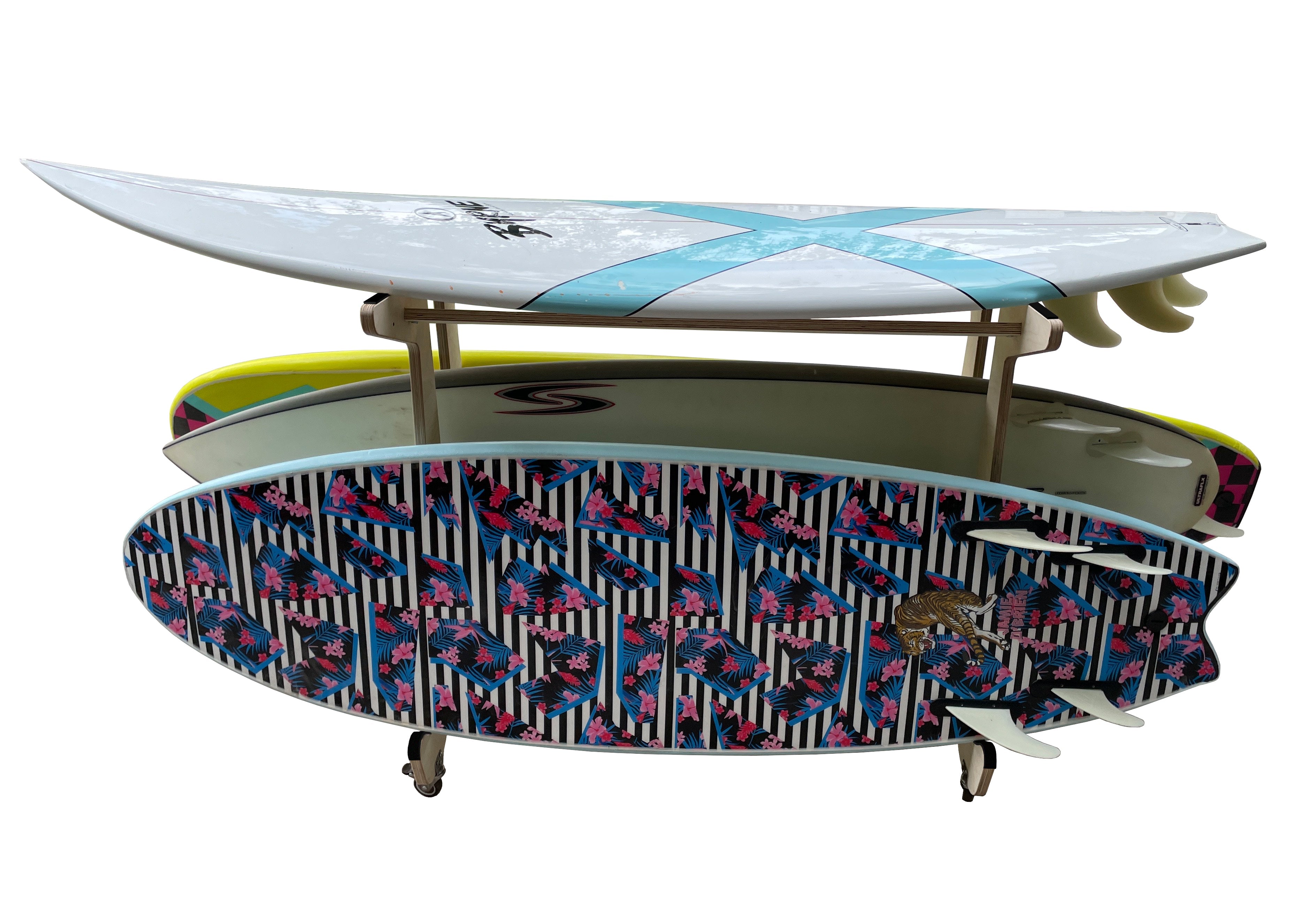 Rado Racks Drop In surfboard storage work bench with padded surf rack for secure surfboard organization and workspace.
