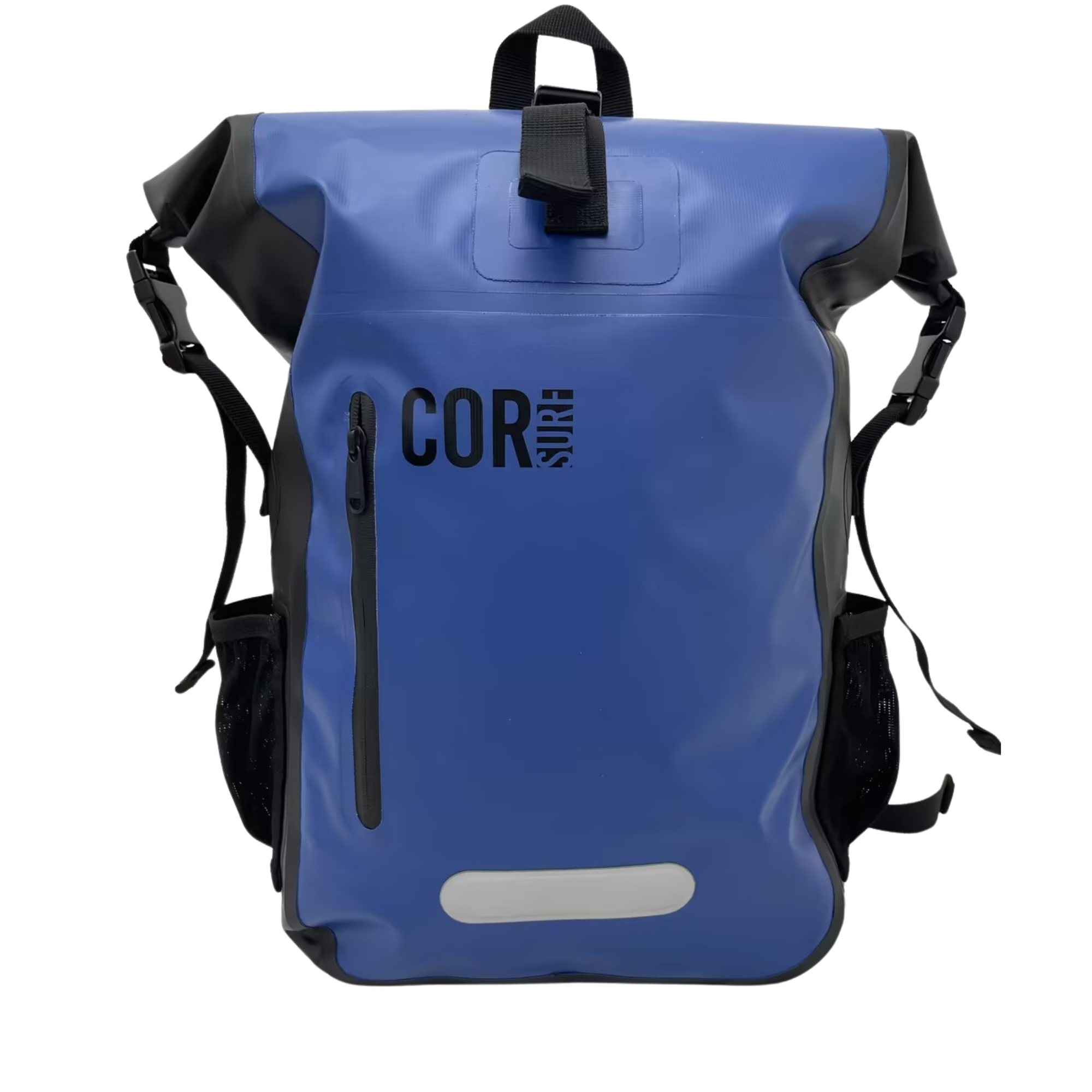 Dark blue COR Surf 25L waterproof dry backpack with roll-top closure and adjustable straps for outdoor adventures.