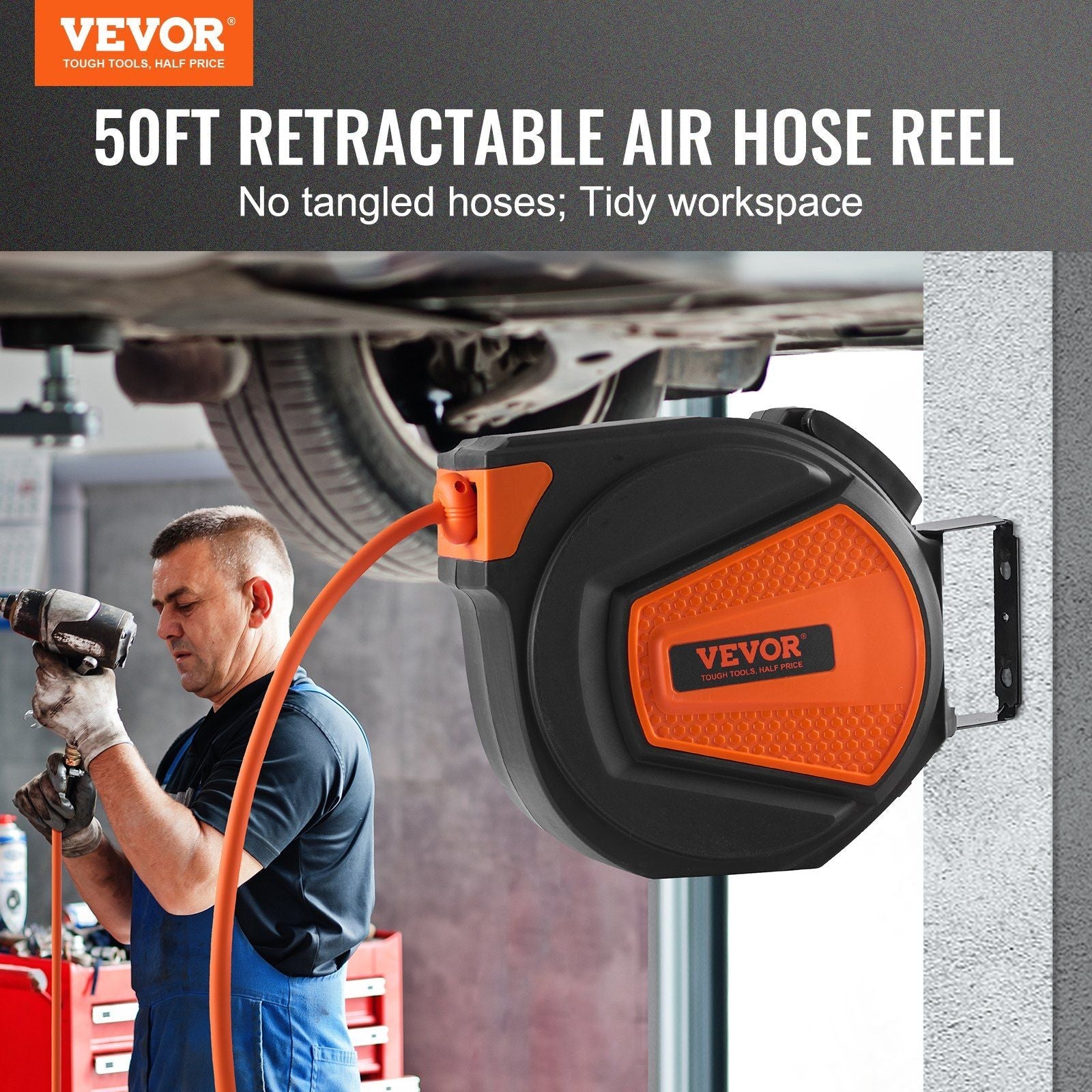 VEVOR Retractable Air Hose Reel, 3/8 IN x 50 FT Hybrid Air Hose Max 300PSI, Air Compressor Hose Reel with 5 In Lead in, Ceiling / Wall Mount Enclosed Air Reel, 180° Swivel Mount - We The Collective