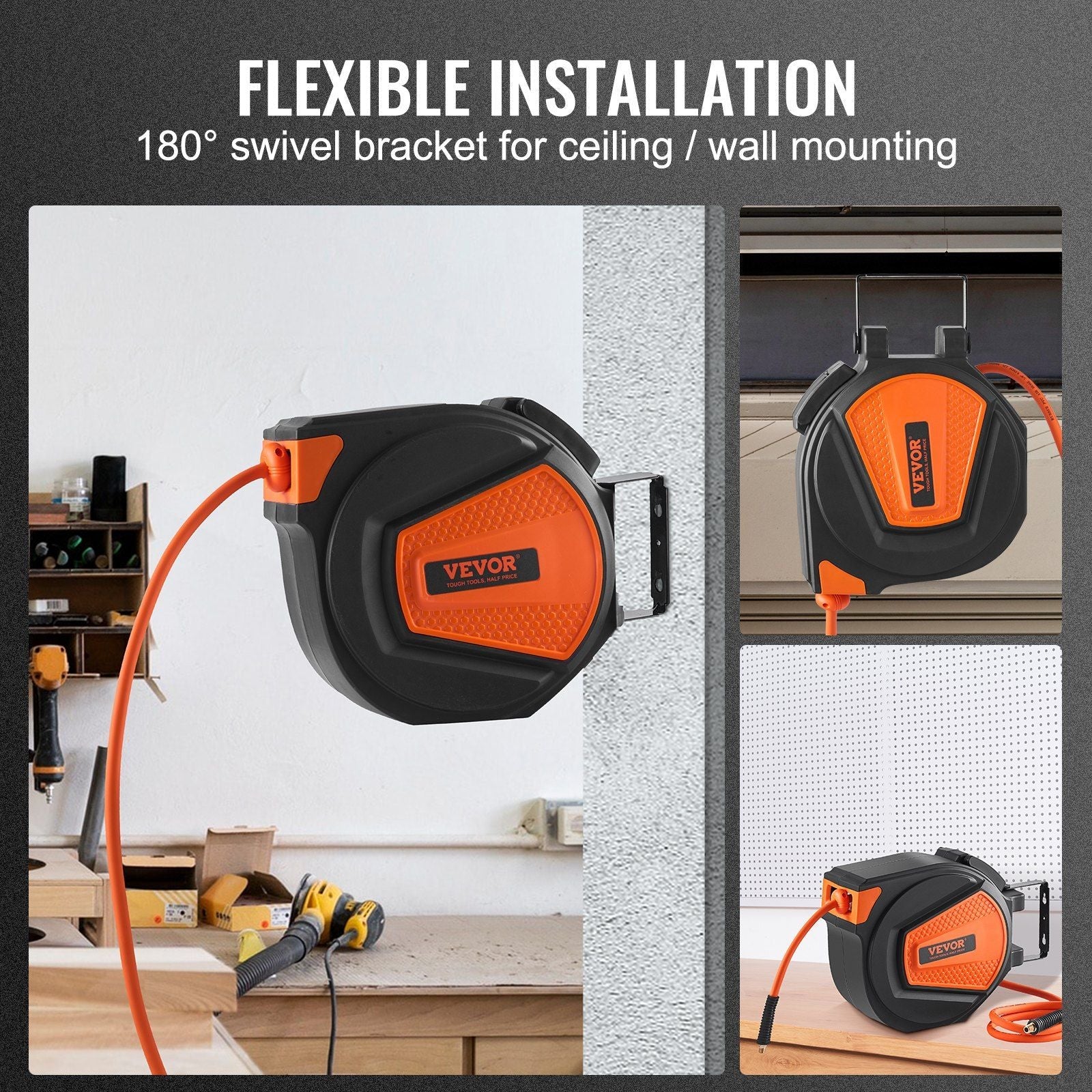 VEVOR Retractable Air Hose Reel, 3/8 IN x 50 FT Hybrid Air Hose Max 300PSI, Air Compressor Hose Reel with 5 In Lead in, Ceiling / Wall Mount Enclosed Air Reel, 180° Swivel Mount - We The Collective