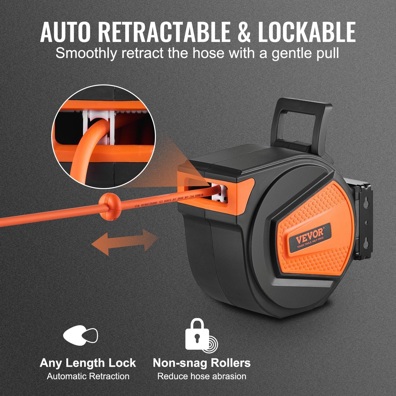VEVOR Retractable Air Hose Reel, 3/8 IN x 50 FT Hybrid Air Hose Max 300PSI, Air Compressor Hose Reel with 5 In Lead in, Ceiling / Wall Mount Enclosed Air Reel, 180° Swivel Mount - We The Collective