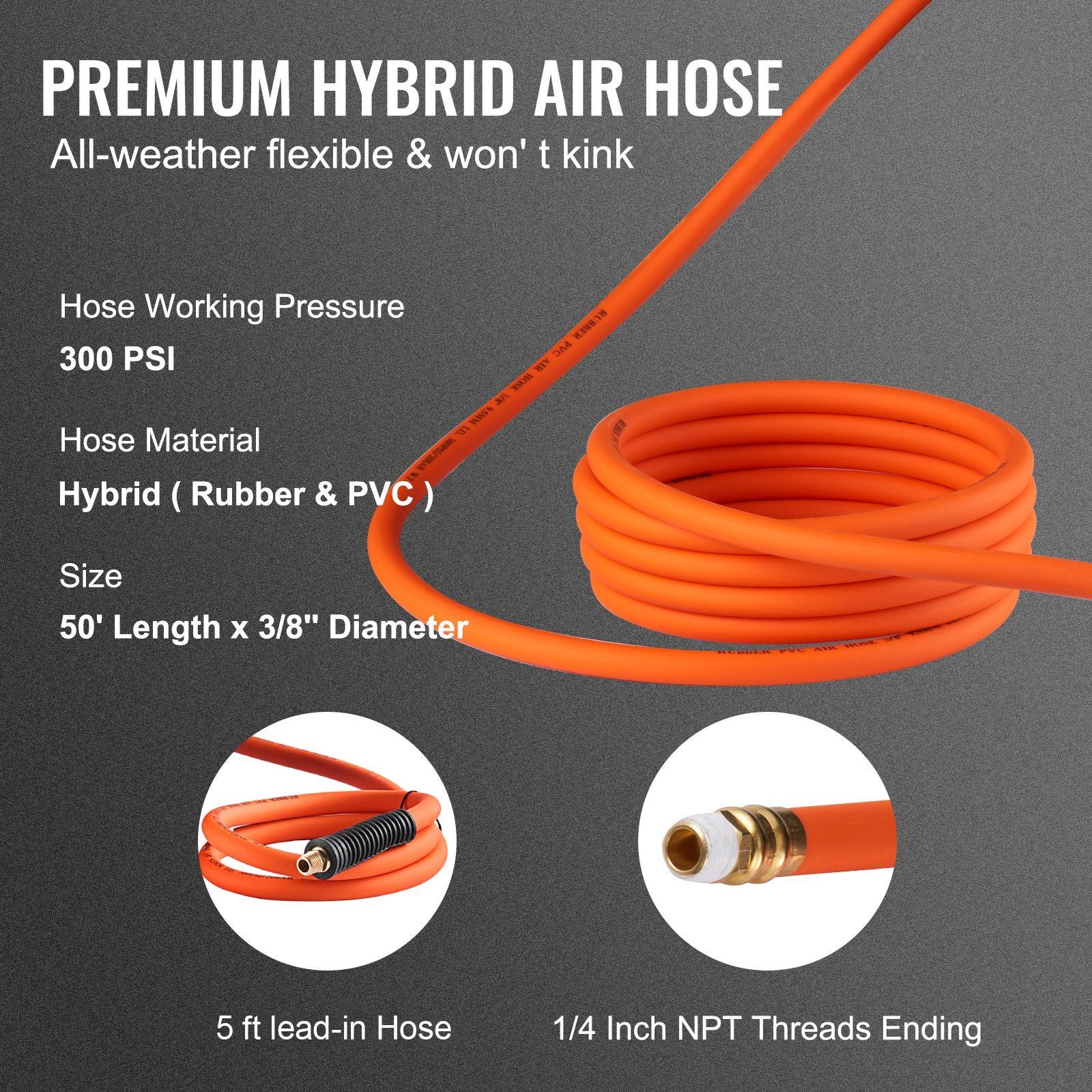 VEVOR Retractable Air Hose Reel, 3/8 IN x 50 FT Hybrid Air Hose Max 300PSI, Air Compressor Hose Reel with 5 In Lead in, Ceiling / Wall Mount Enclosed Air Reel, 180° Swivel Mount - We The Collective