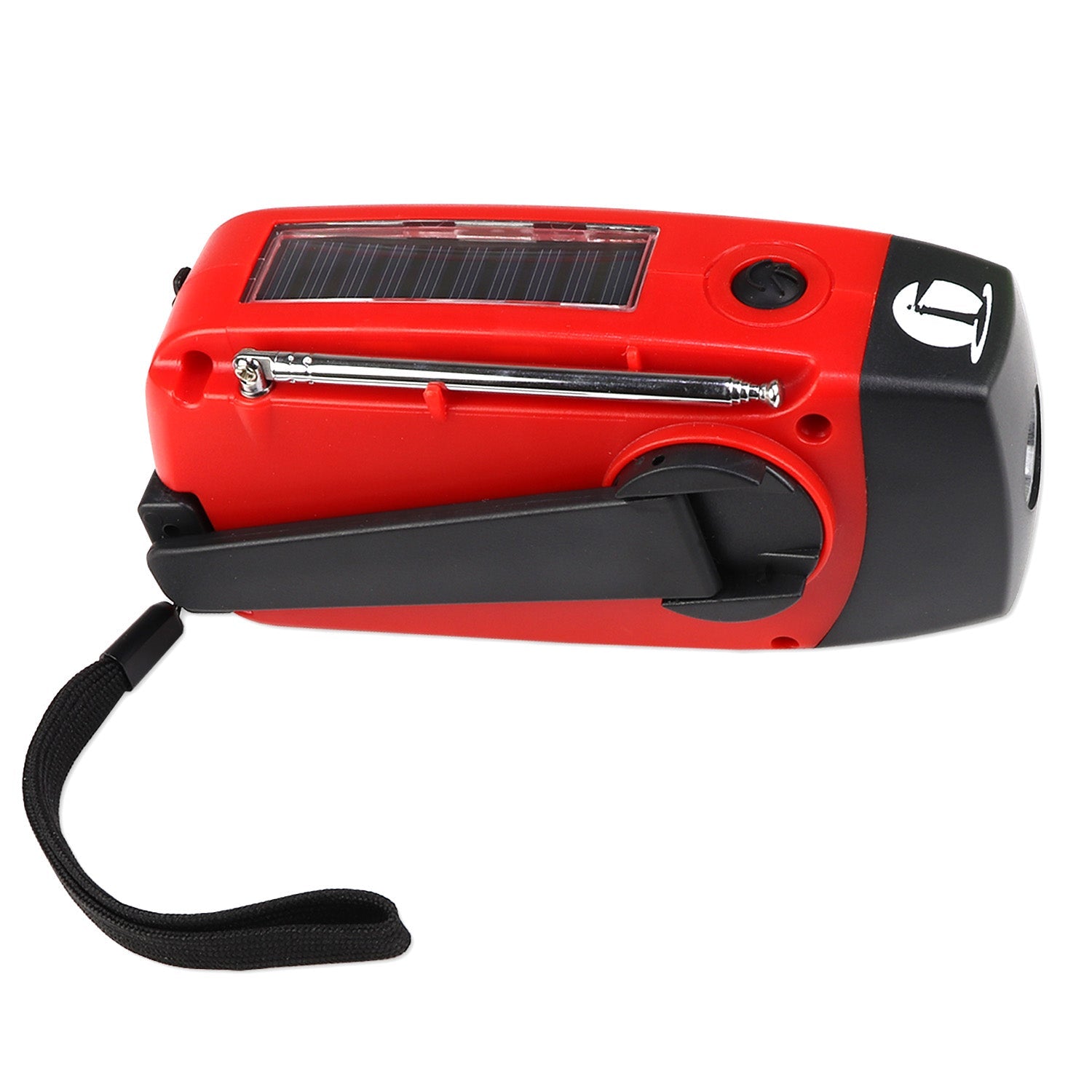 4-in-1 Dynamo NOAA radio and flashlight with hand crank and solar panel, designed for emergency communication and lighting.