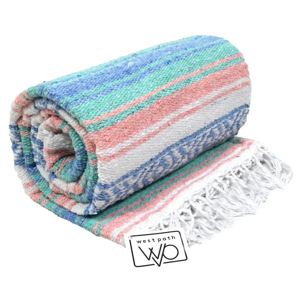 Mint, Blue & Coral Peach Mexican Falsa Blanket - OVERLANDERS Outfitter