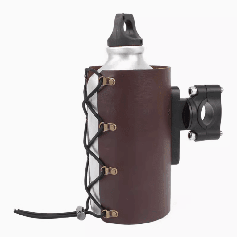Vintage leather motorcycle cup holder from Bean's Moto Booth, designed for motorcycle accessories, with a rugged leather finish.