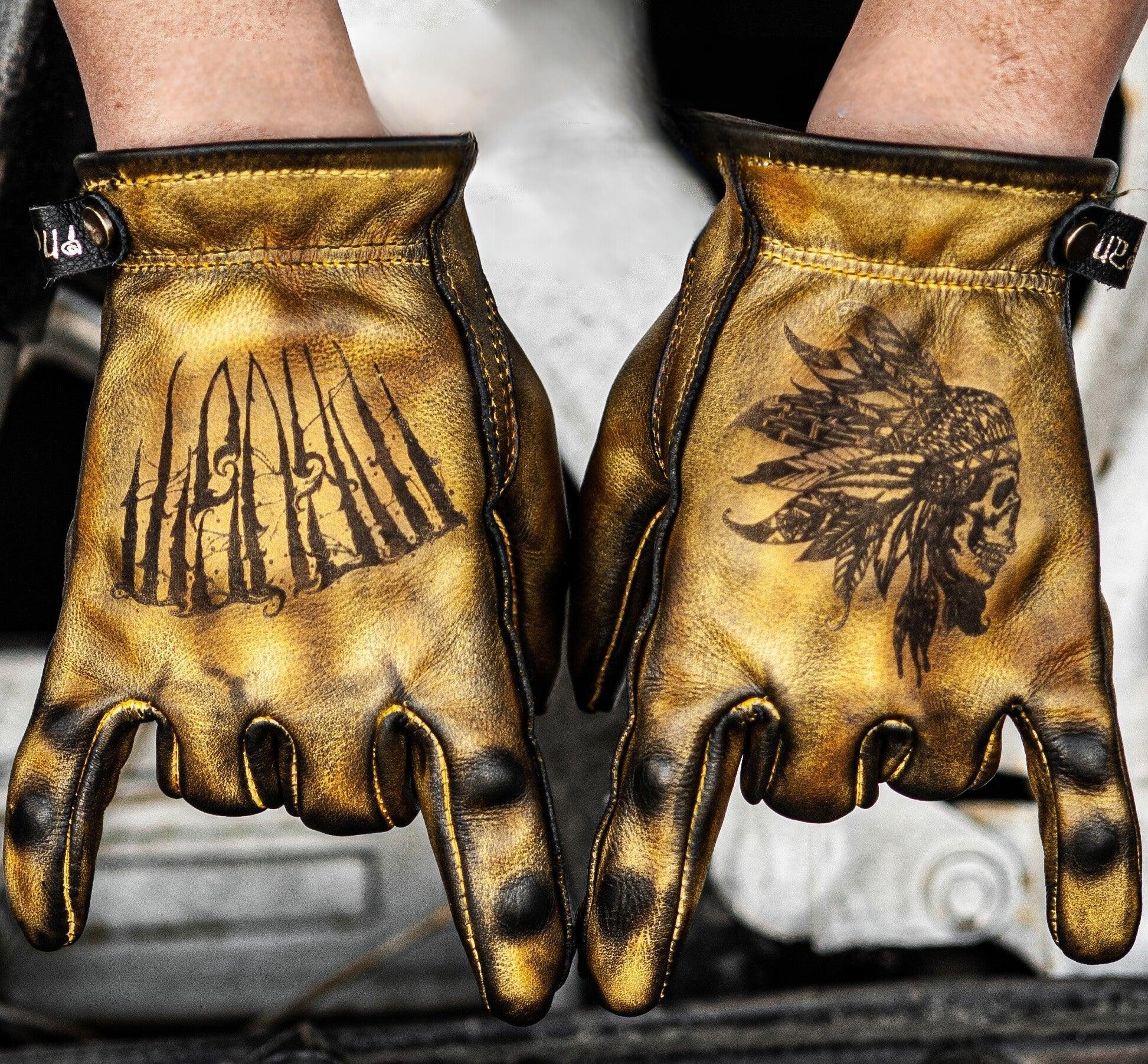 Indian Monkey™ handcrafted AAA cowhide motorcycle gloves with reinforced stitching and classic design, displayed on a neutral background.