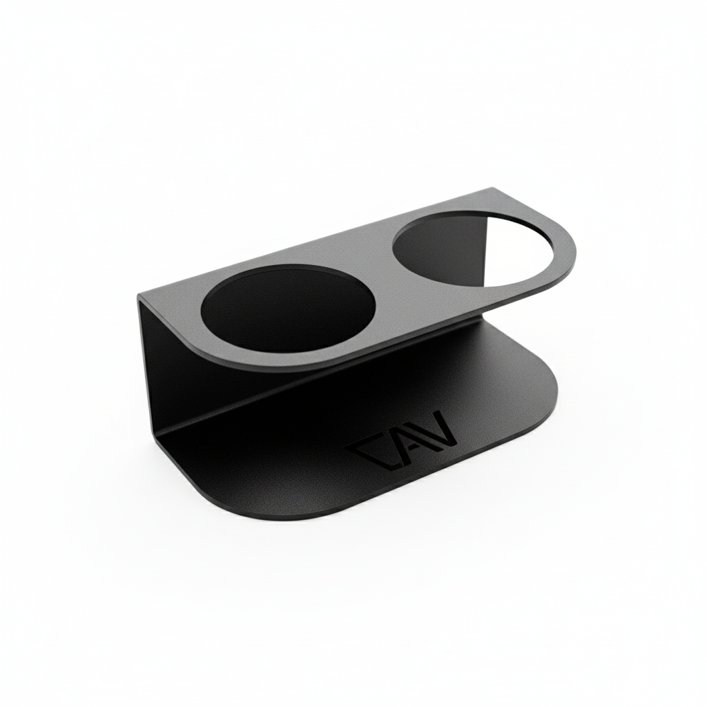 Magnetic dual cupholder by Canyon Adventure Vans, made in Utah, showing two cups securely held in a durable black holder.