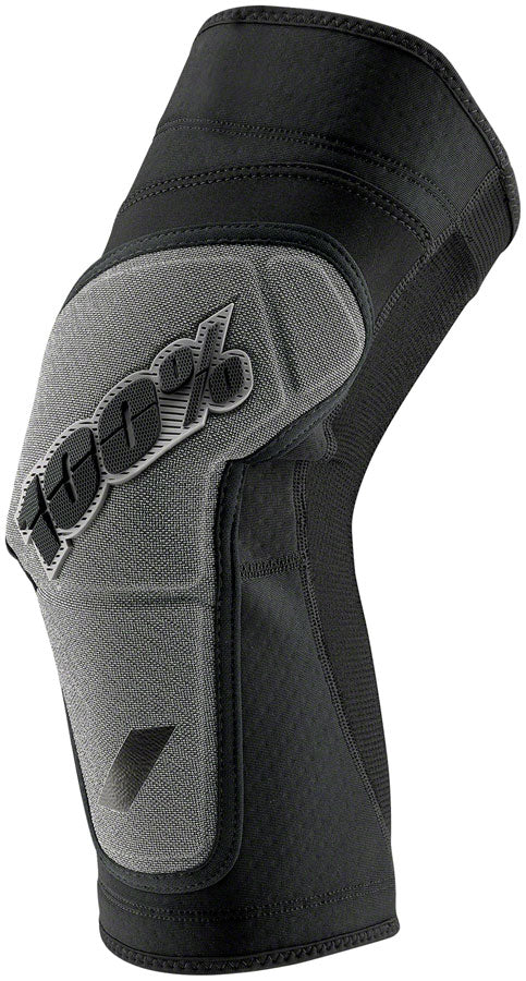 Gio's Outdoors Ridecamp Knee Guards in black and gray, medium size, providing body armor protection for cycling or outdoor activities.