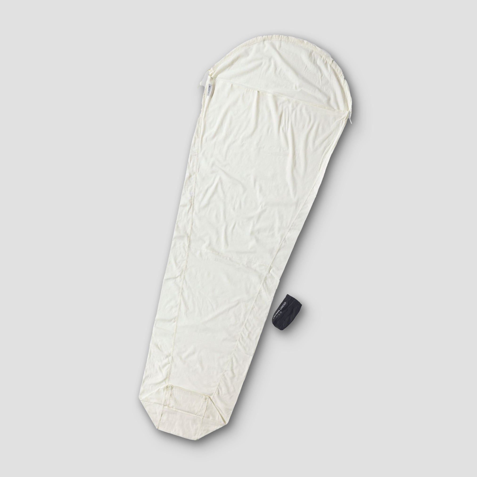 COCOON MummyLiner™ Egyptian Cotton sheet showing soft, breathable, white Egyptian cotton fabric for comfortable sleep.