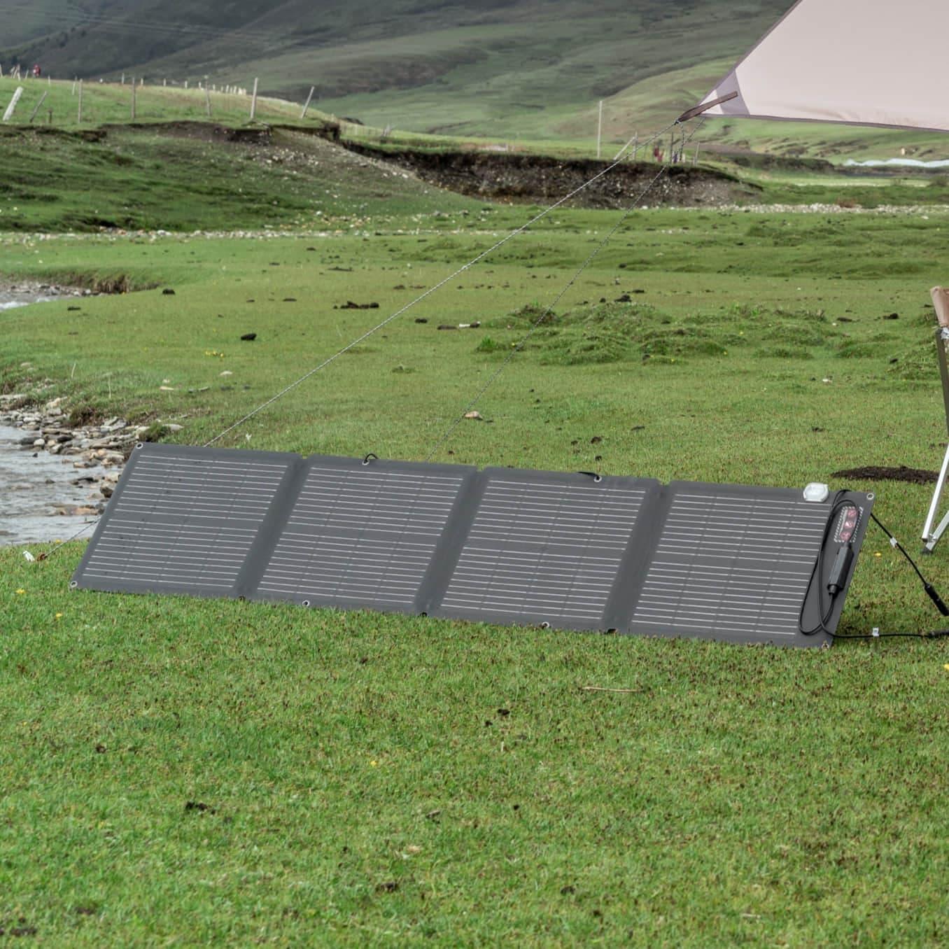 Green Vista Living EcoFlow 110W portable solar panel showing lightweight, durable, waterproof design with high conversion efficiency.
