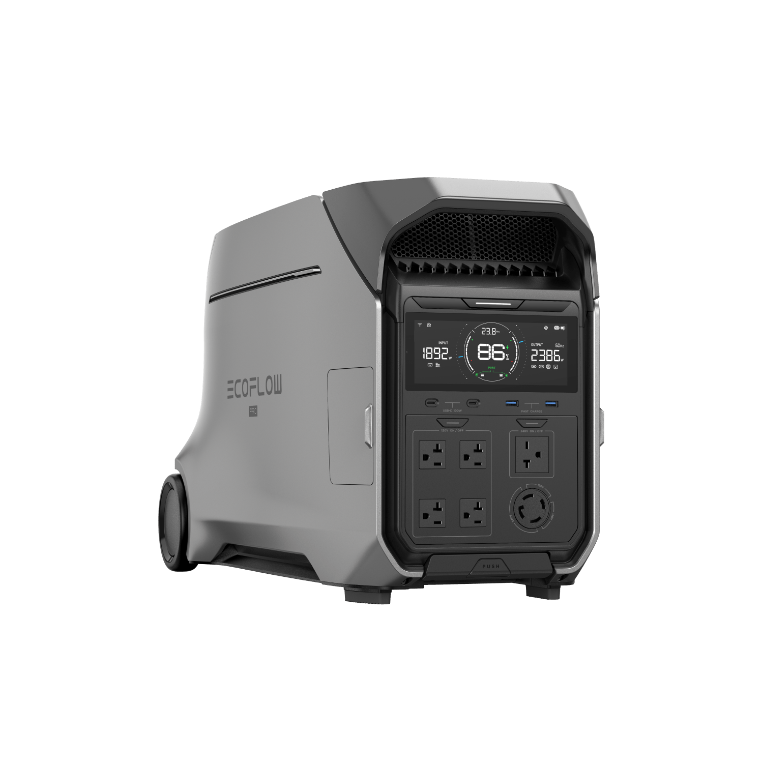 Green Vista Living EcoFlow DELTA Pro 3 portable power station with multiple outlets and solar generator features.
