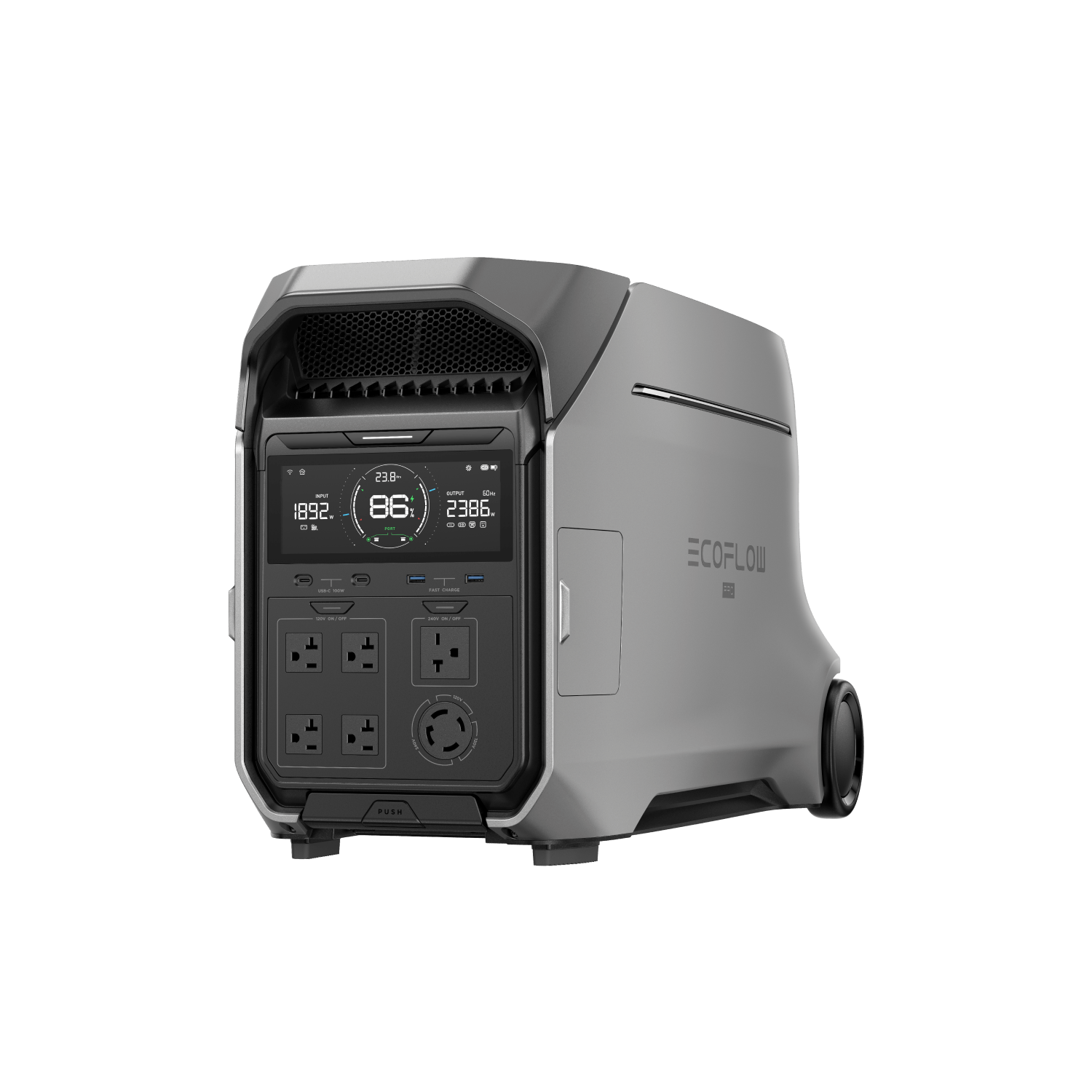 Green Vista Living EcoFlow DELTA Pro 3 portable power station with solar input and multiple outlets for versatile power backup.