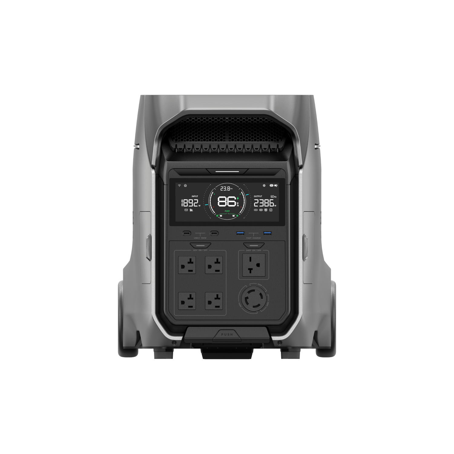 Green Vista Living EcoFlow DELTA Pro 3 portable power station with multiple outlets and digital display for versatile energy storage.