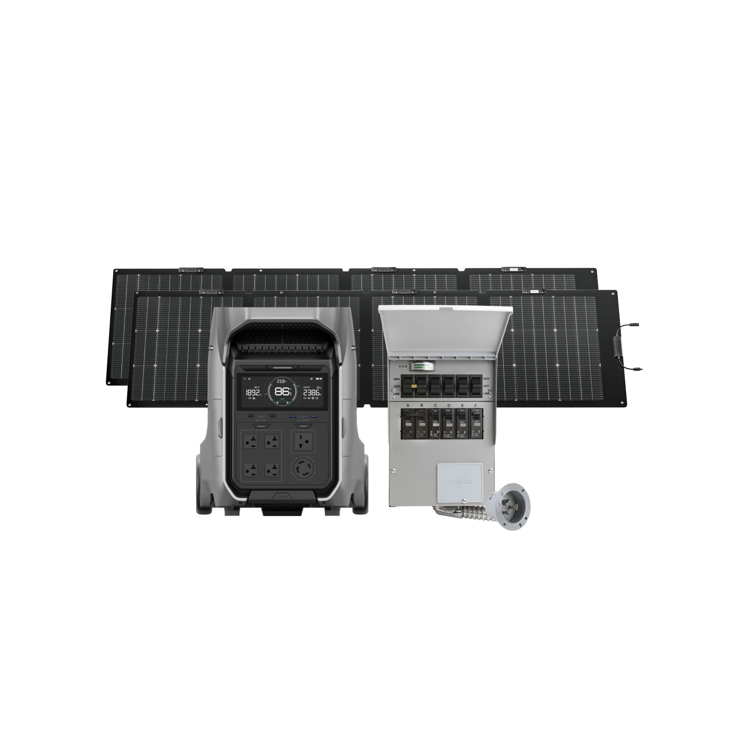 EcoFlow DELTA Pro 3 portable power station by Green Vista Living with solar panel and transfer switch, outdoor charging setup.
