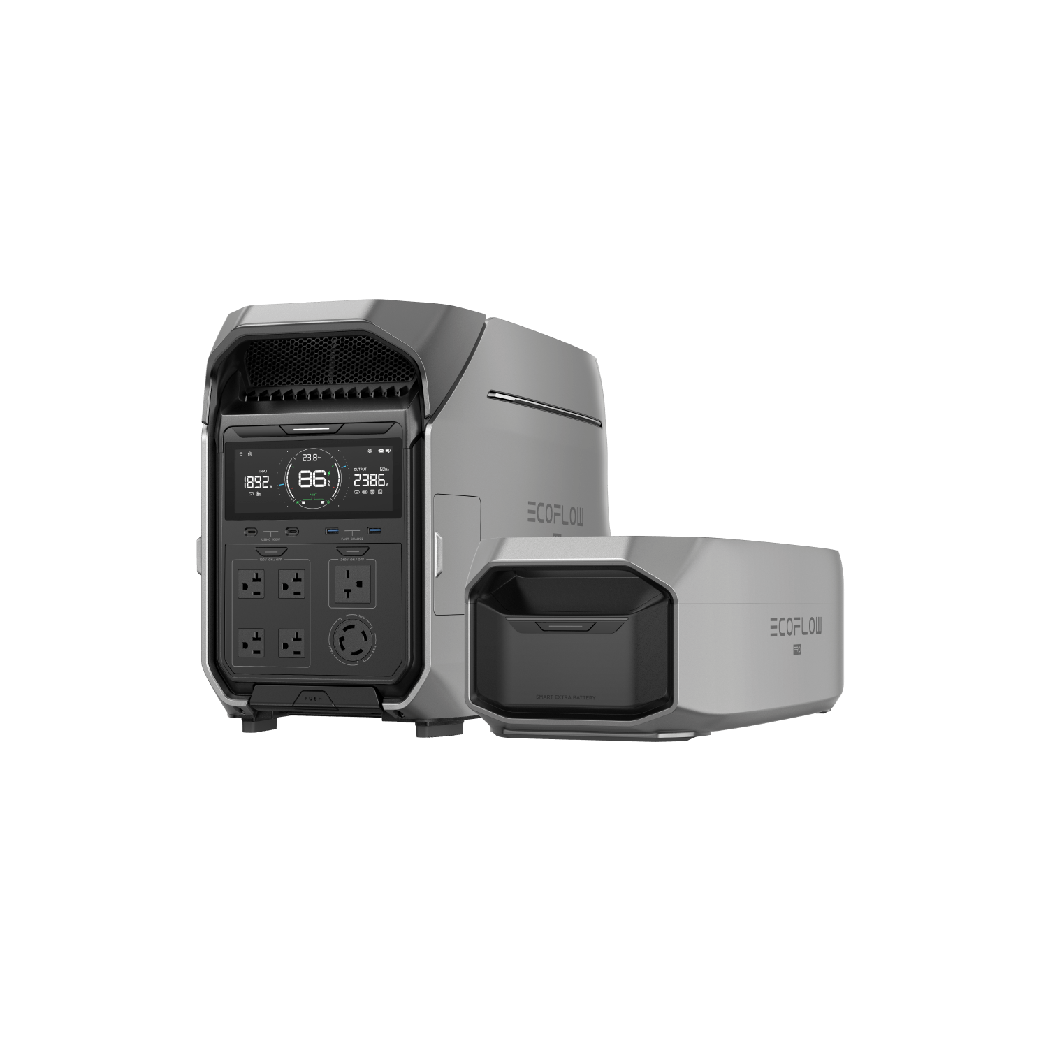 EcoFlow DELTA Pro 3 portable power station with extra battery from Green Vista Living, showing its compact design and multiple outlets.