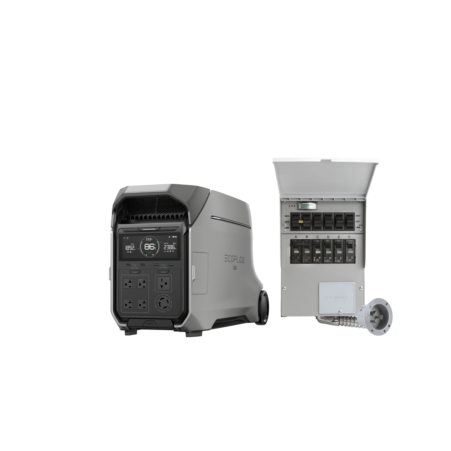 Green Vista Living EcoFlow DELTA Pro 3 portable power station with transfer switch, outdoor solar generator with multiple ports.