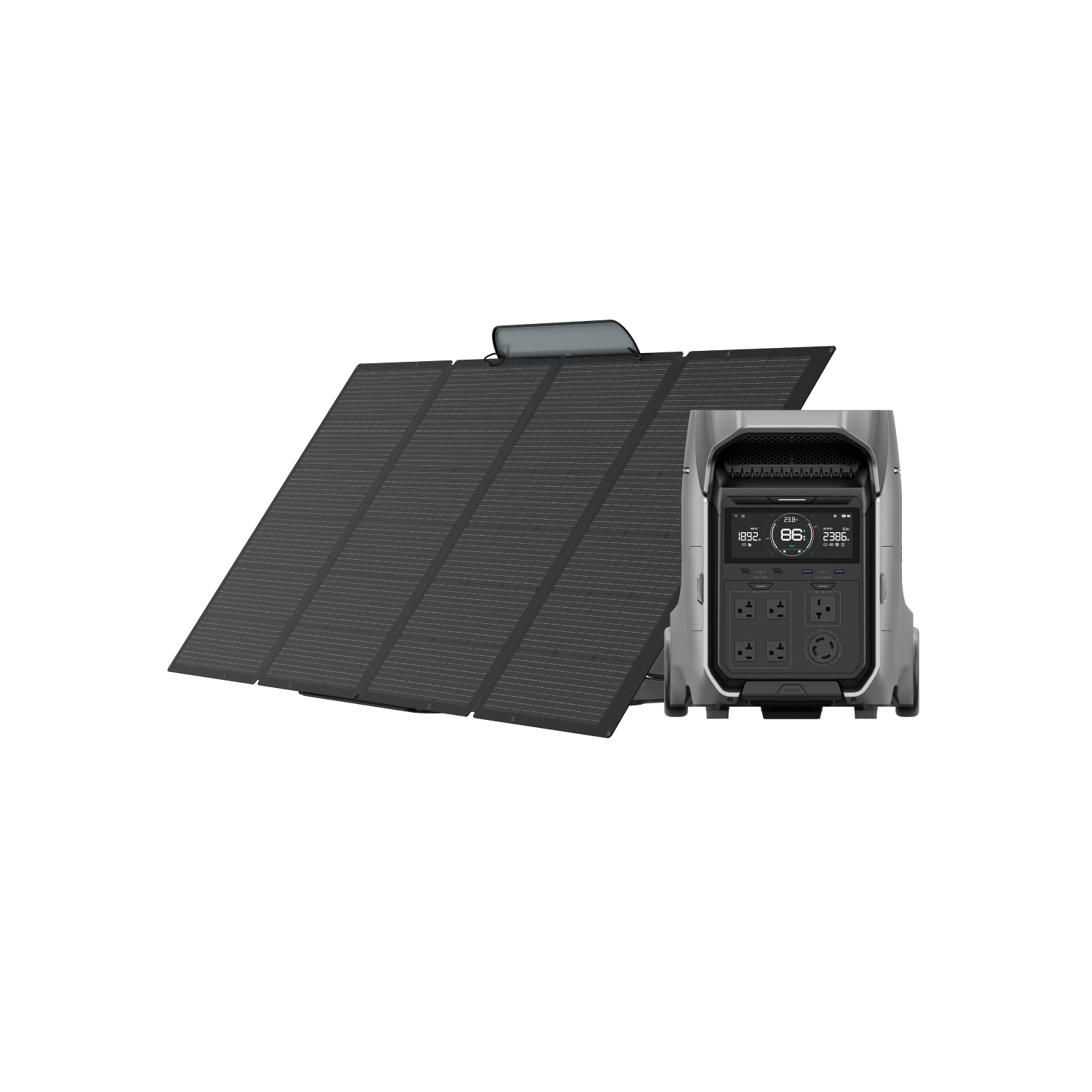 Green Vista Living EcoFlow DELTA Pro 3 portable power station with solar panel, showing its compact design and multiple output ports.