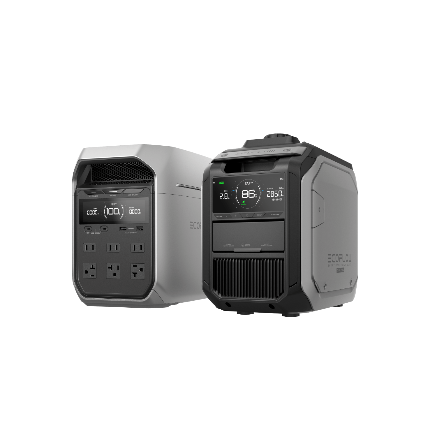 Green Vista Living EcoFlow Smart Generator 3000 dual-fuel generator with control panel and fuel ports.