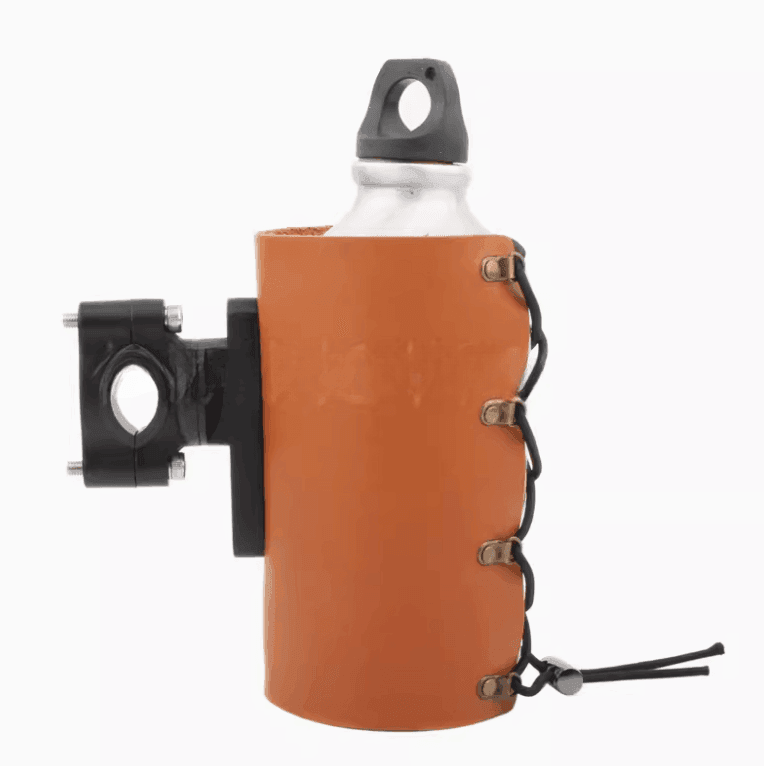 Vintage leather motorcycle cup holder from Bean's Moto Booth, designed as a stylish accessory for motorcycle riders.