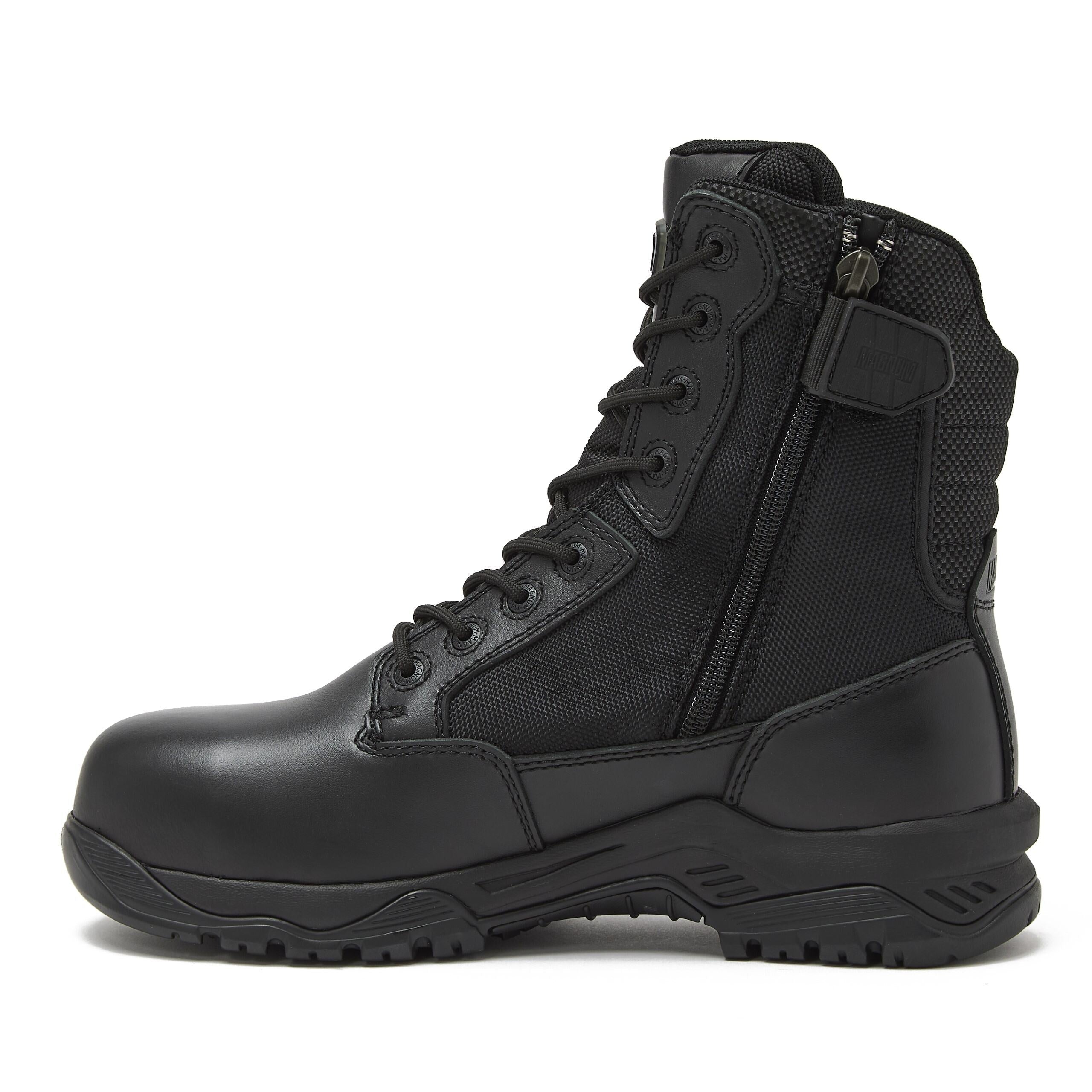 Magnum Boots Strike Force 8-inch waterproof tactical boots with rugged design and sturdy laces, suitable for outdoor and work use.