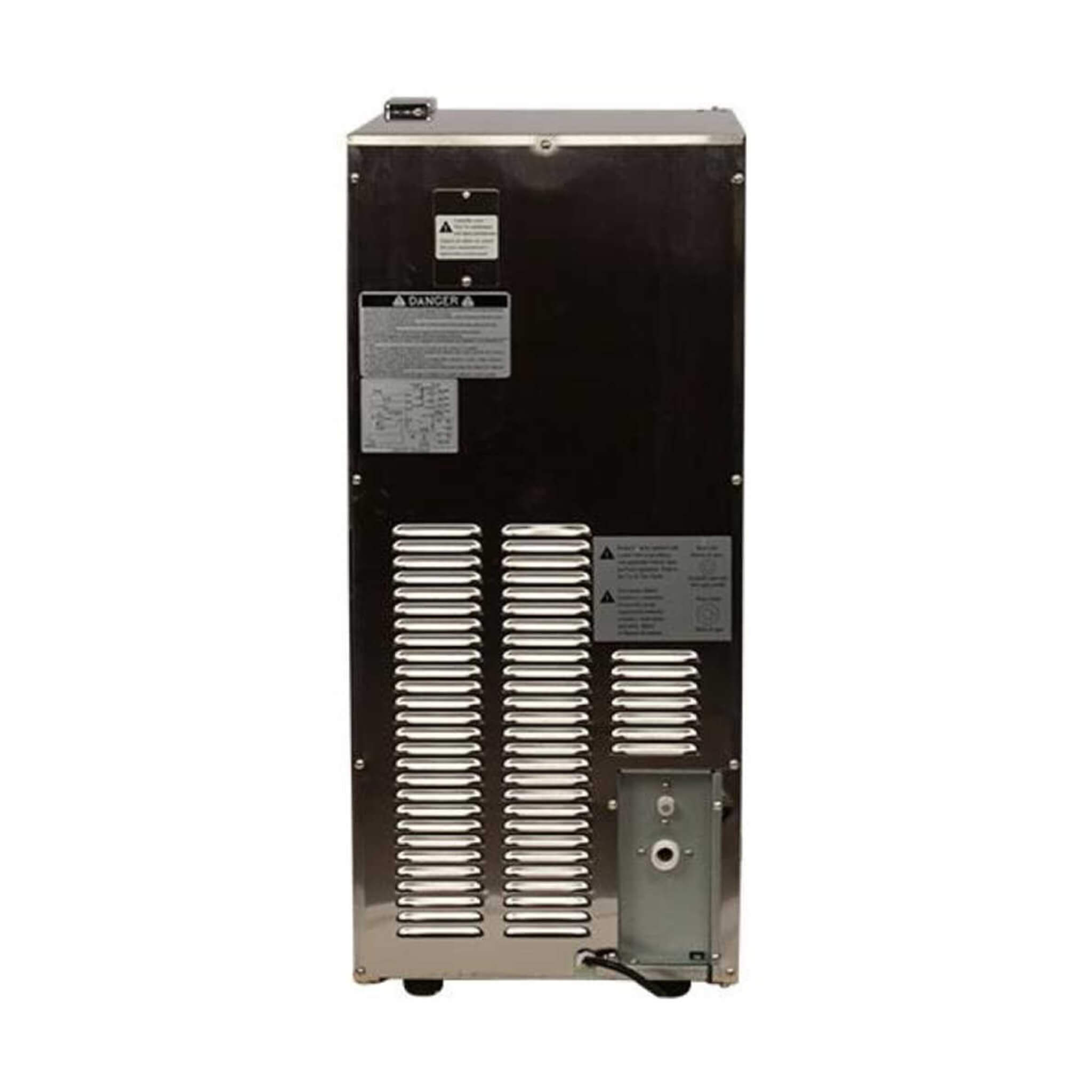 Back view of Edgestar 15-inch outdoor undercounter ice maker, model OIM450SS, showcasing its stainless steel design.