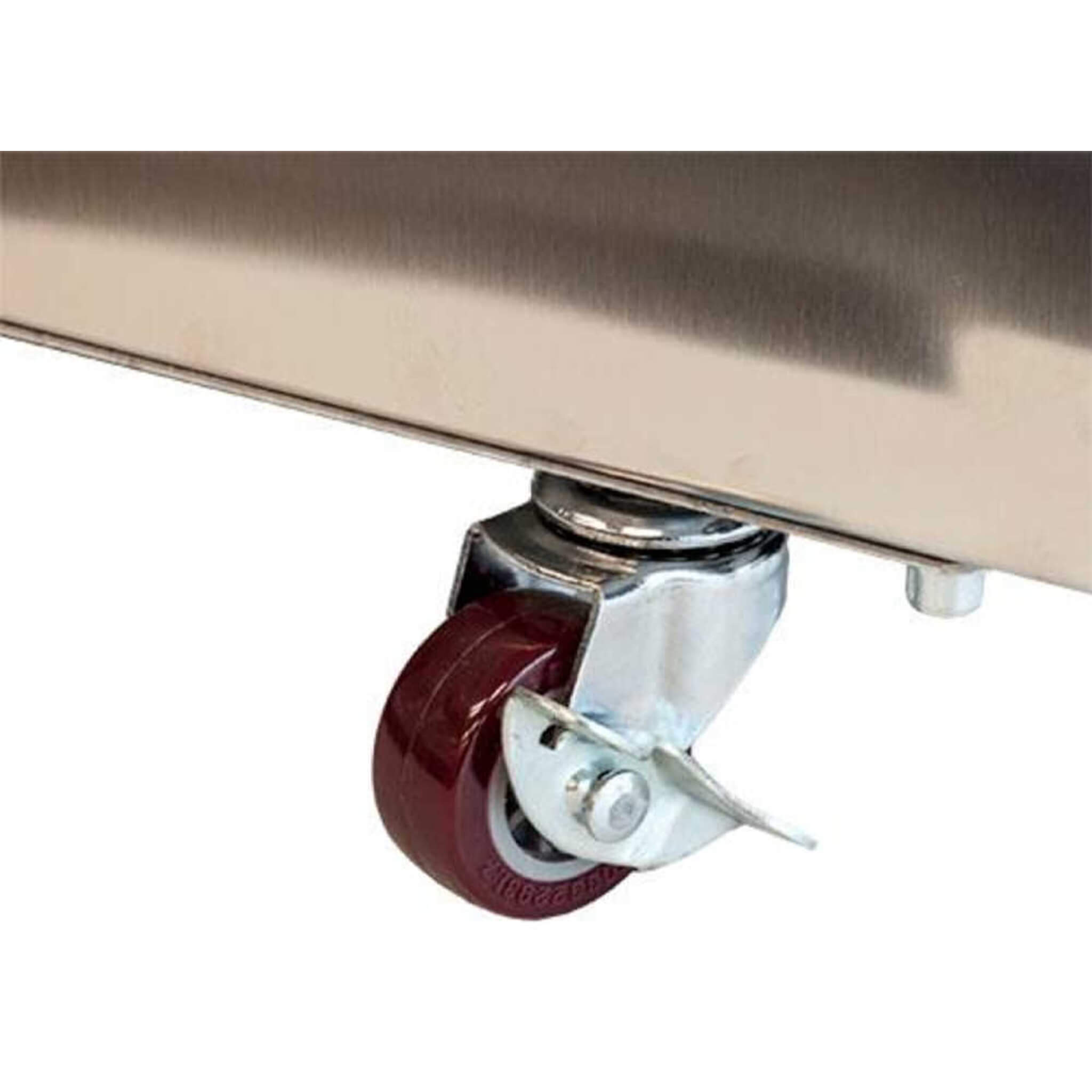Edgestar 15-inch outdoor undercounter ice maker with stainless steel finish and caster wheels for easy mobility.