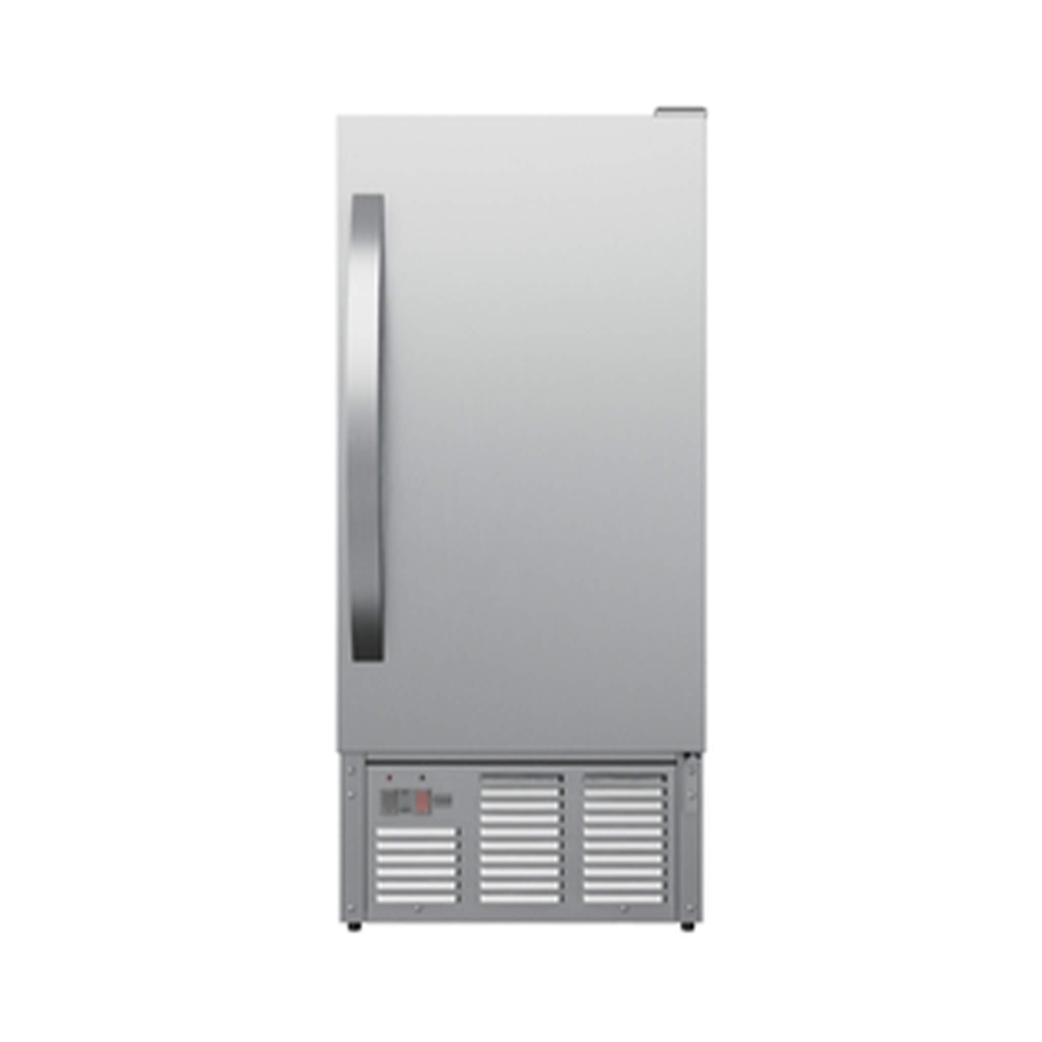 Edgestar 15-inch outdoor undercounter ice maker with stainless steel finish, showcasing front view and control panel.