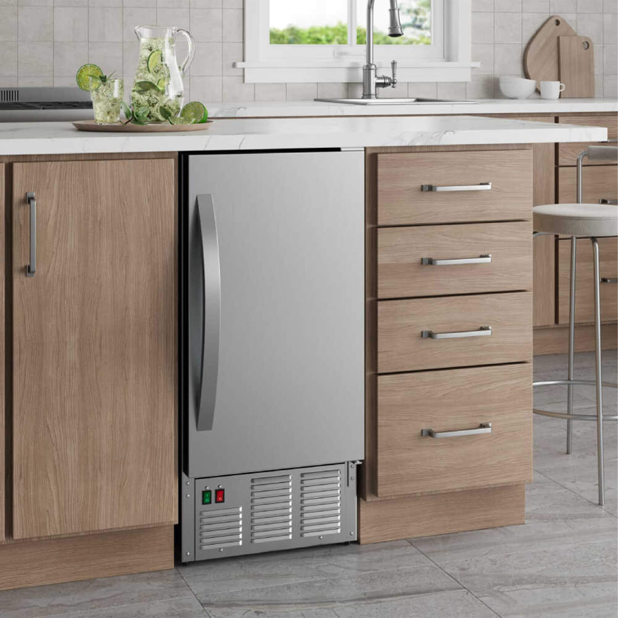 Edgestar 15-Inch outdoor undercounter ice maker in use, featuring a sleek stainless steel design and closed door.