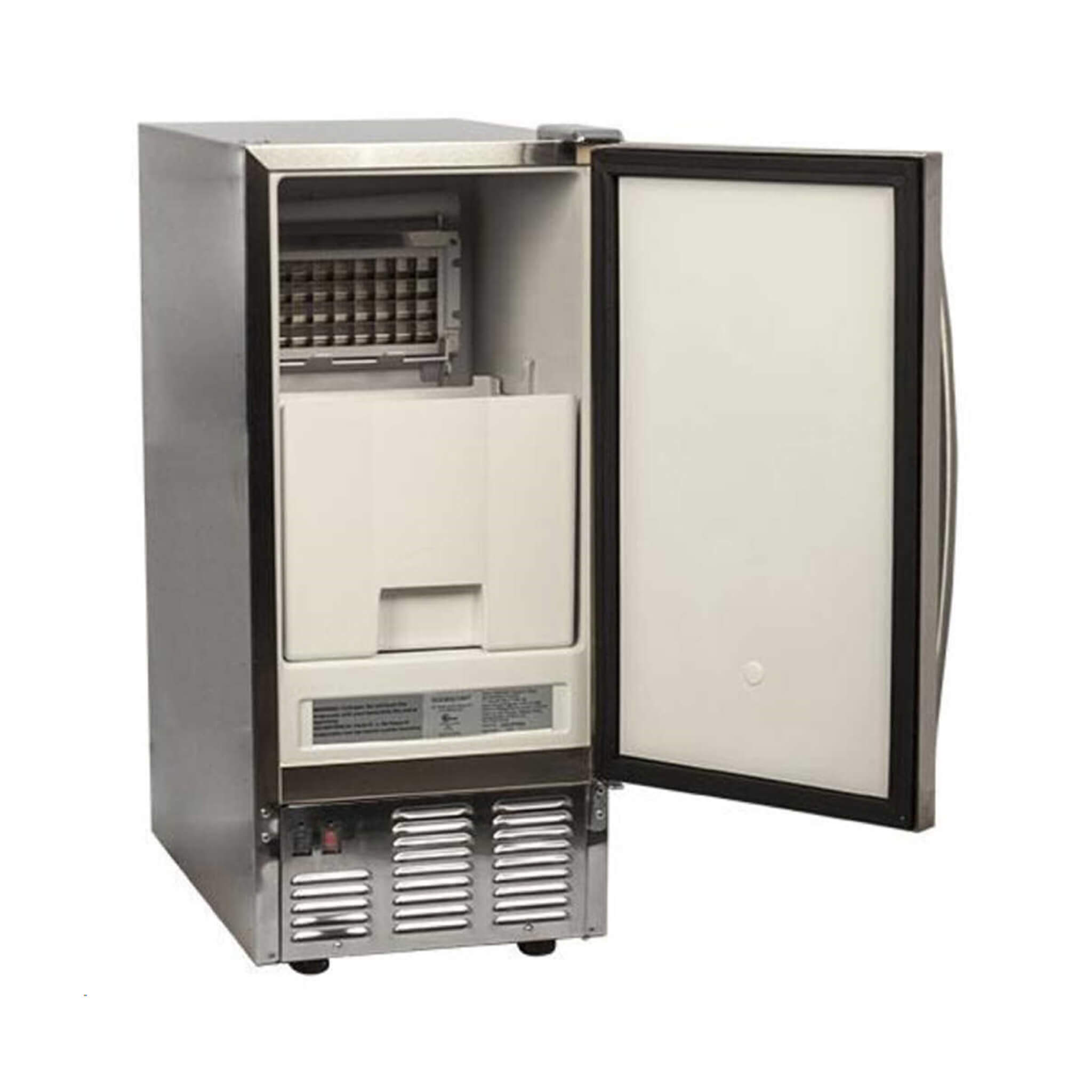 Edgestar 15-inch outdoor undercounter ice maker with open door, showcasing ice storage and sleek stainless steel design.