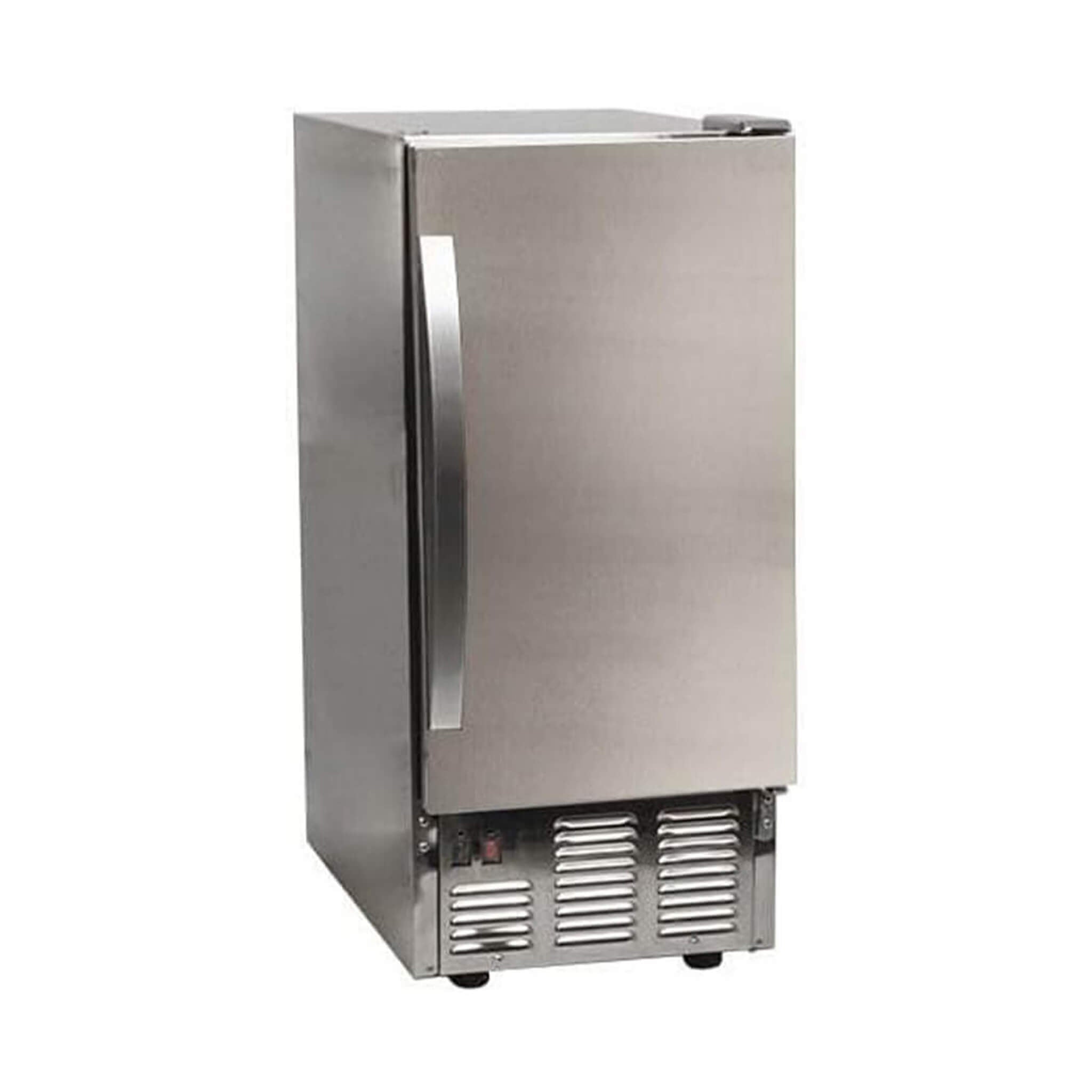 Edgestar 15-inch outdoor undercounter ice maker showing sleek stainless steel design and ice production features.
