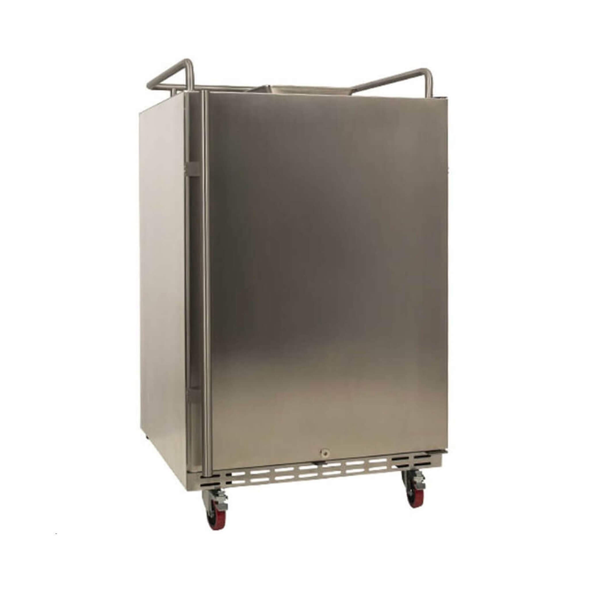Edgestar 24-Inch outdoor kegerator conversion refrigerator with forced air refrigeration, featuring a sleek stainless steel design.