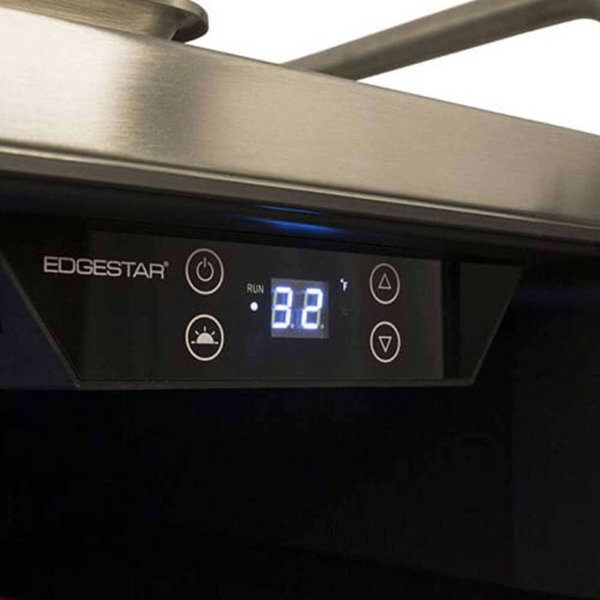 Edgestar 24-inch outdoor kegerator with forced air refrigeration and temperature display, model BR7001SSOD.