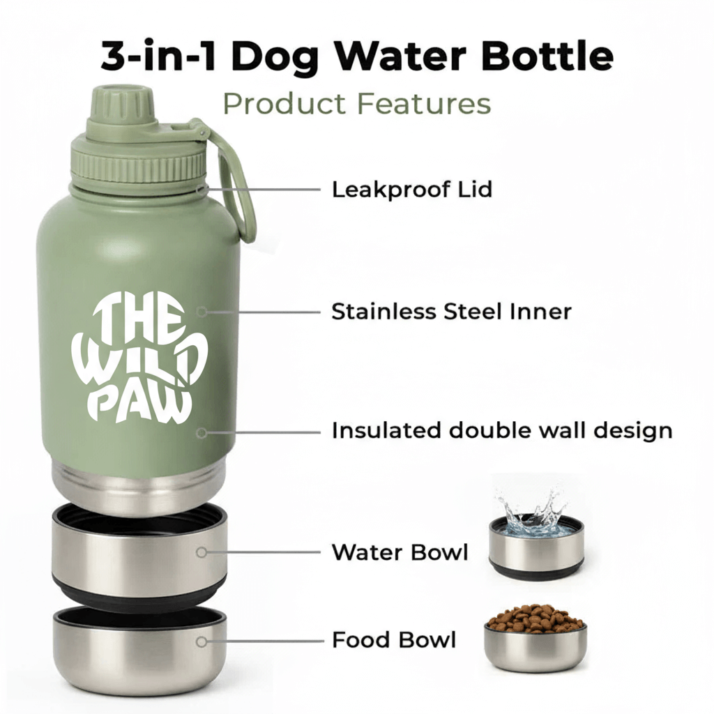 The WildSip 3-in-1 dog water bottle by The Wild Paw, green plastic bottle with a built-in water bowl for pets.