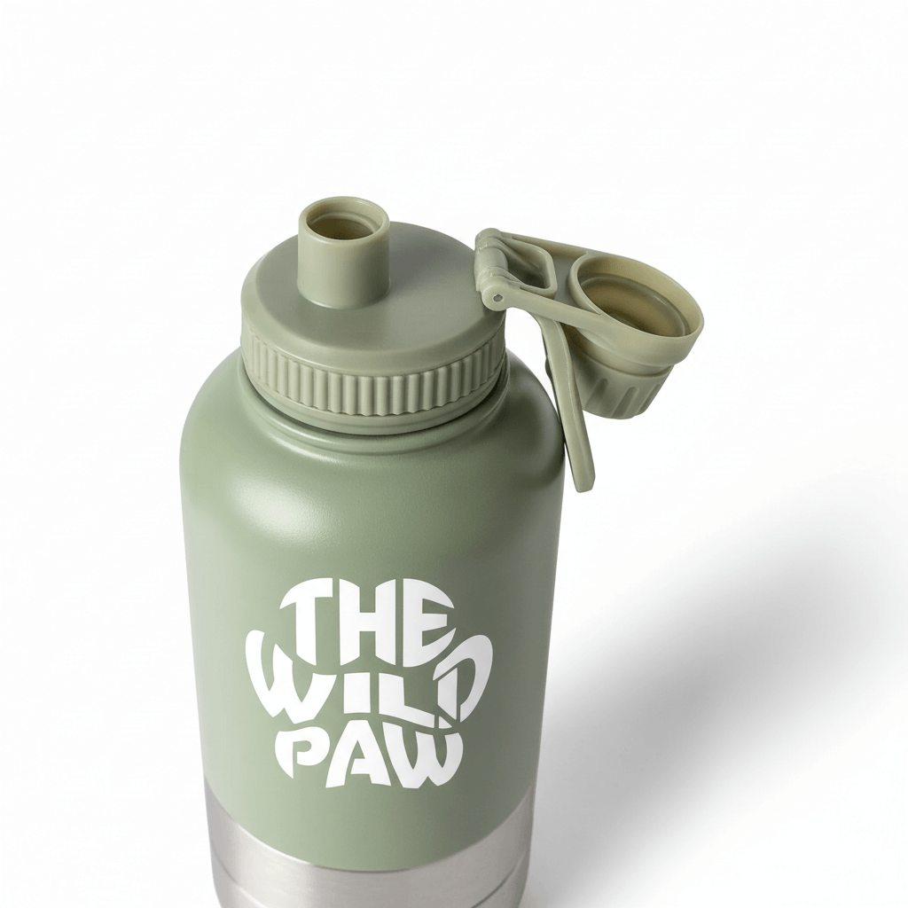 Open WildSip 3-in-1 dog water bottle by The Wild Paw, featuring a green bottle with a flip-open lid for easy hydration on the go.