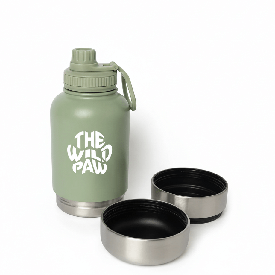 WildSip 3-in-1 dog water bottle by The Wild Paw, featuring a green bottle with separated bowls for drinking and water storage.
