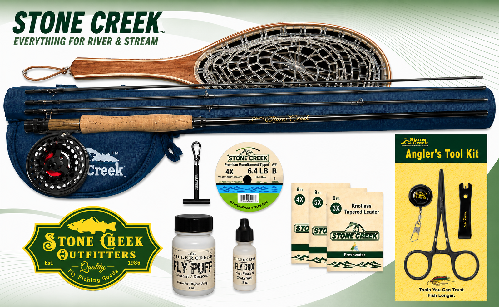 Stone Creek Outfitters Trout Stalker Fly Fishing Starter Kit with rod, reel, and accessories for beginner anglers.