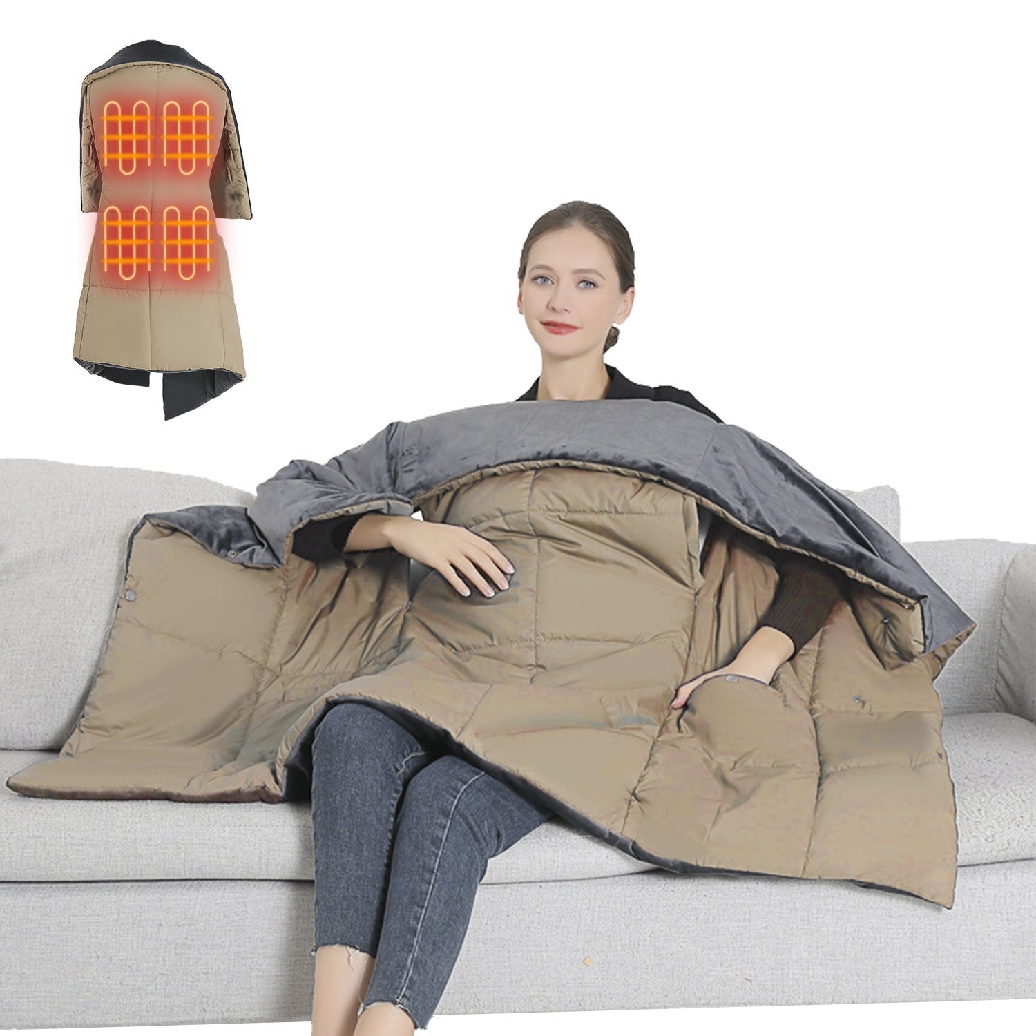 USB Heated Blanket Electric Heated Poncho Shawl Wrap Throw with Zipper Arm Holes Pocket 3 Heating Levels 6 Zones Dual Switch 5V/2A Machine Washable fo - OVERLANDERS Outfitter