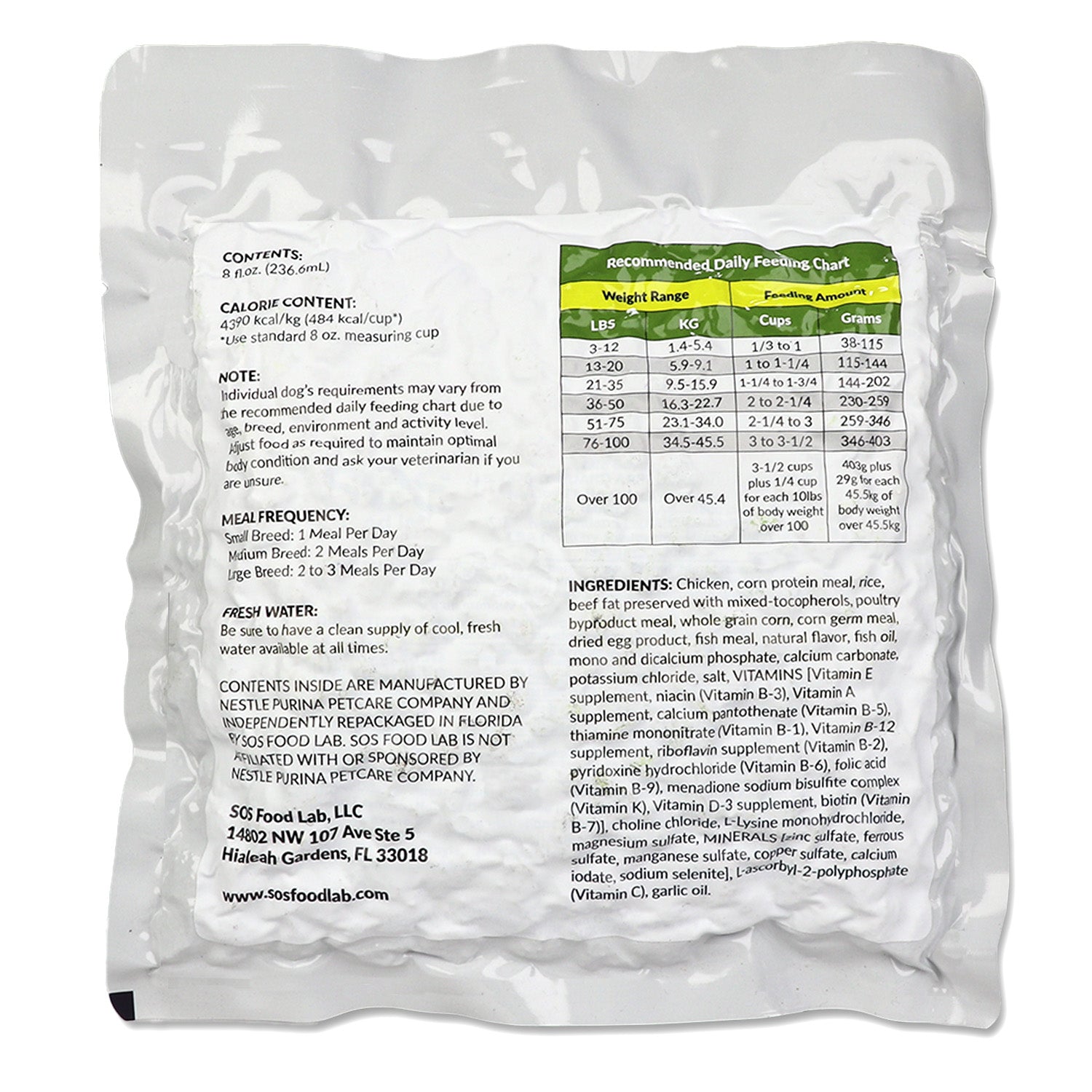 Vacuum-sealed 8oz pack of emergency dog food and water ration by Quakekits, suitable for outdoor travel and survival preparedness.