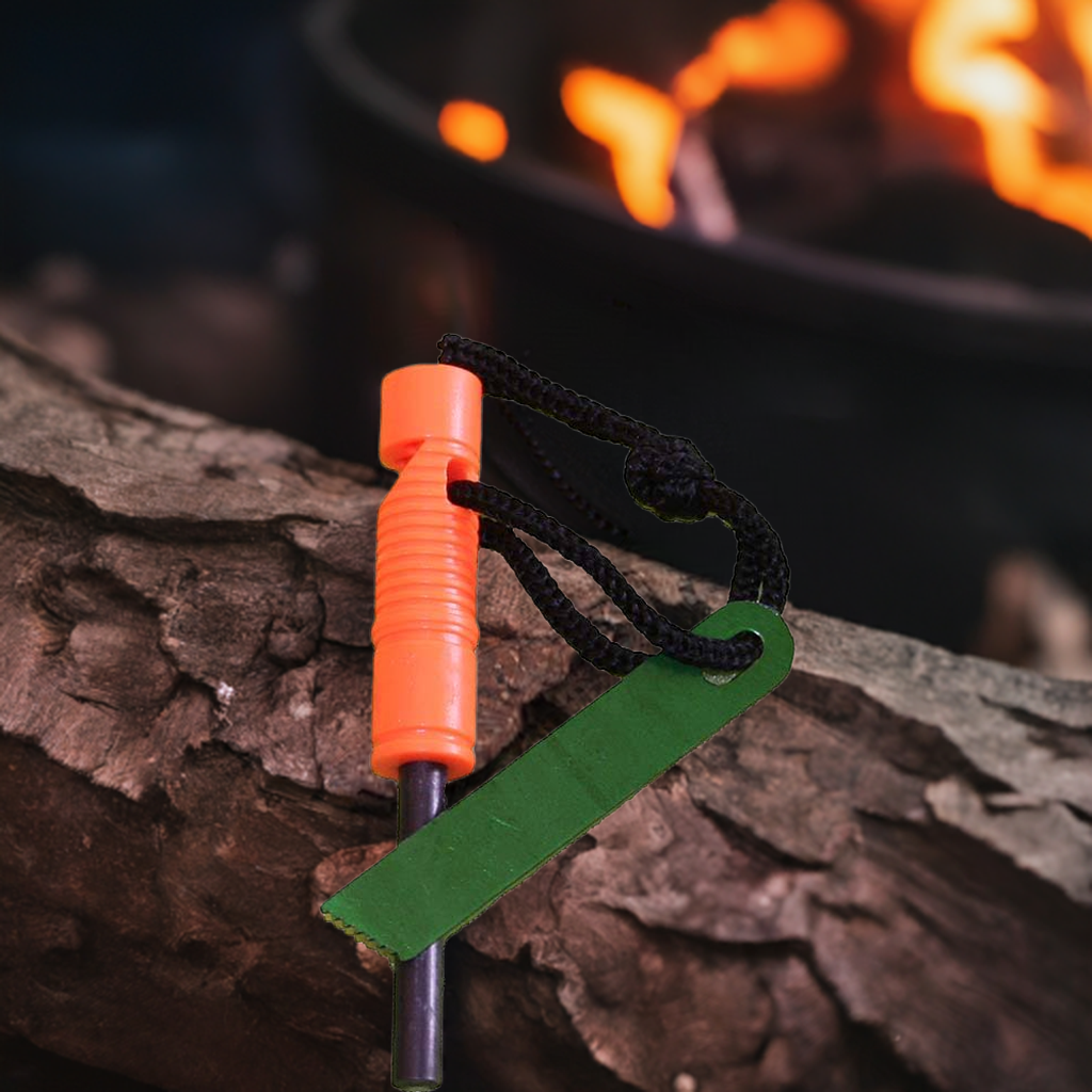 All-weather ferro rod fire starter with striker for camping and backpacking, durable emergency tool for outdoor survival.