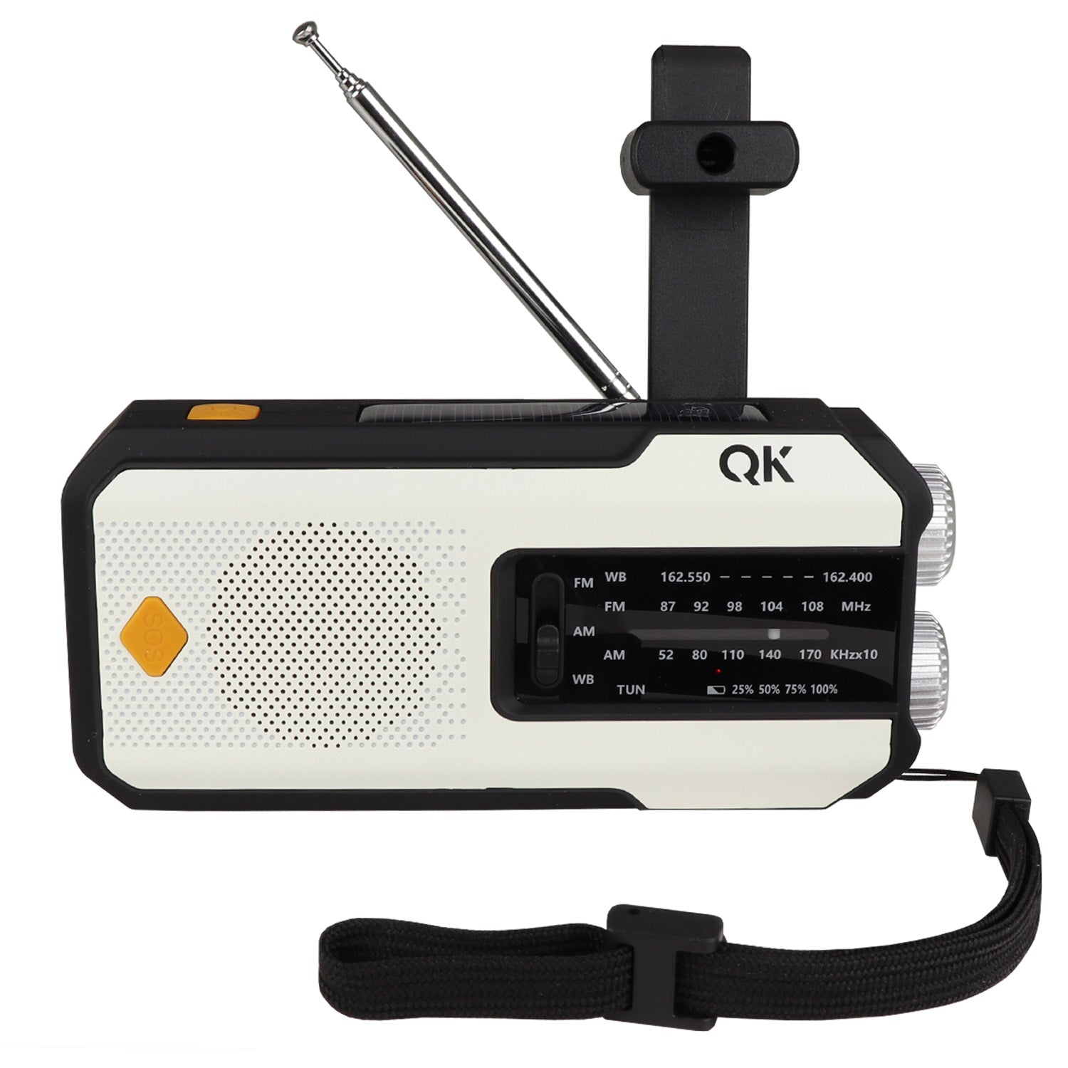 Quakekits 4-in-1 NOAA weather band radio with ultra-bright flashlight, solar, dynamo, and USB rechargeable battery for emergency use.