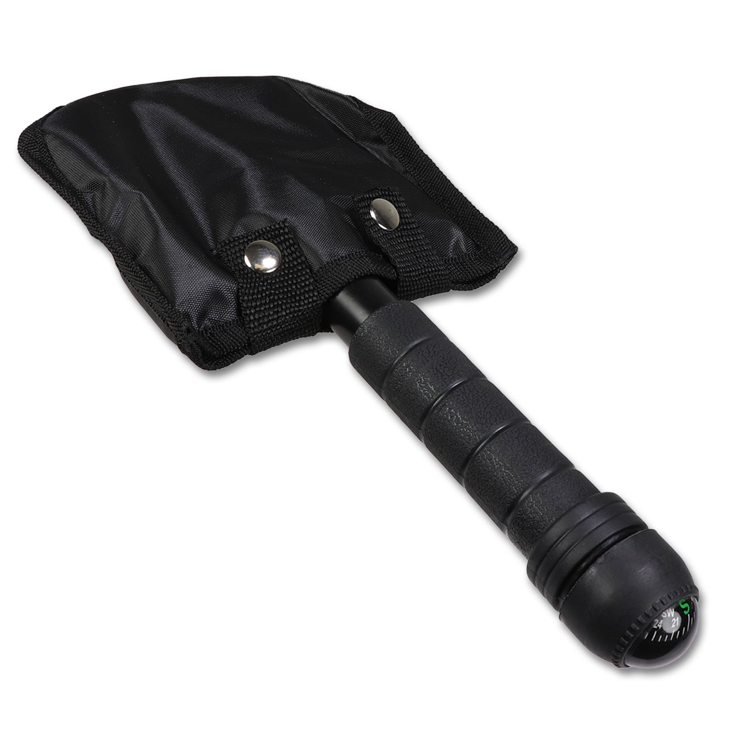 Compact multi-function survival shovel with folding design, built-in compass, and emergency kit for outdoor and disaster preparedness.