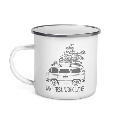"Camp First, Work Later" Vanagon Enamel Mug - OVERLANDERS Outfitter